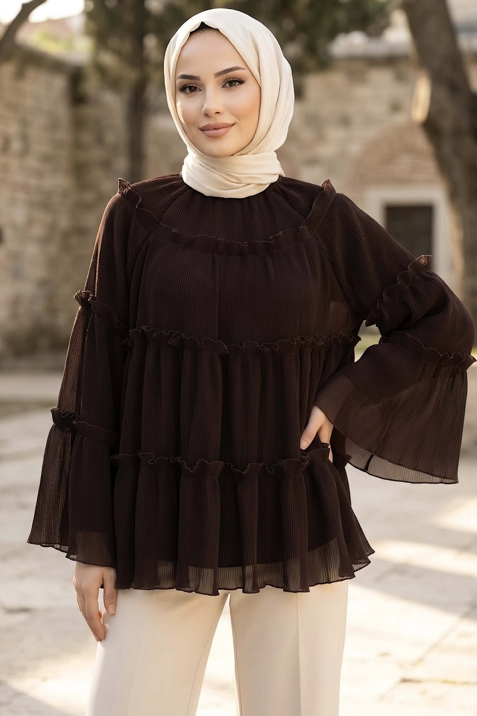 Fırfırlı Şifon Tunik Kahve - 28998-KAHVE - 1