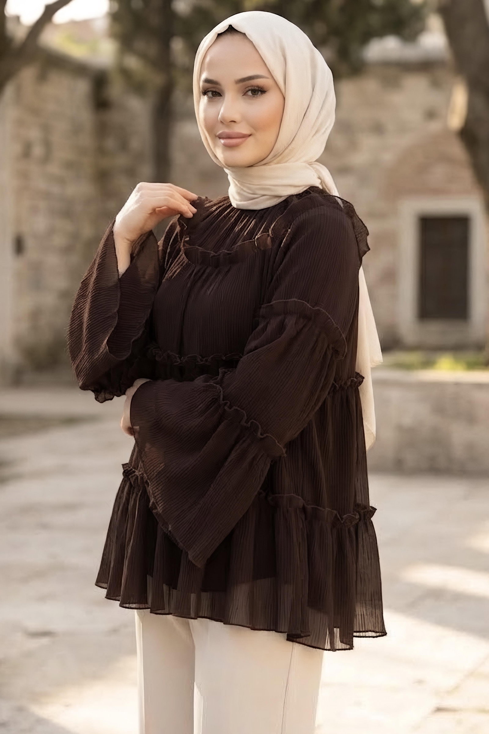 Fırfırlı Şifon Tunik Kahve - 28998-KAHVE - 2