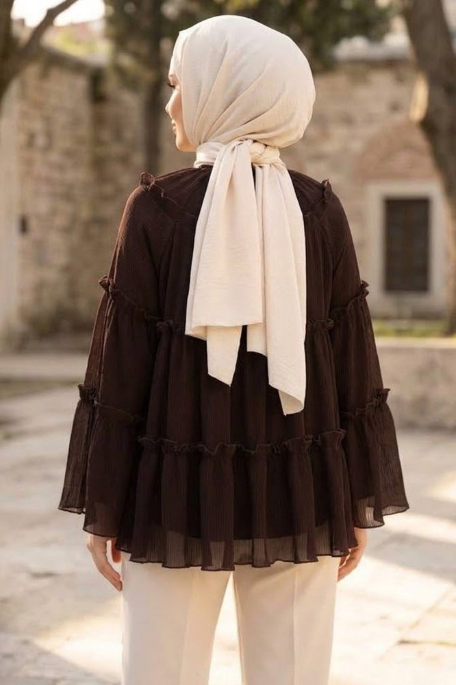 Fırfırlı Şifon Tunik Kahve - 28998-KAHVE - 4