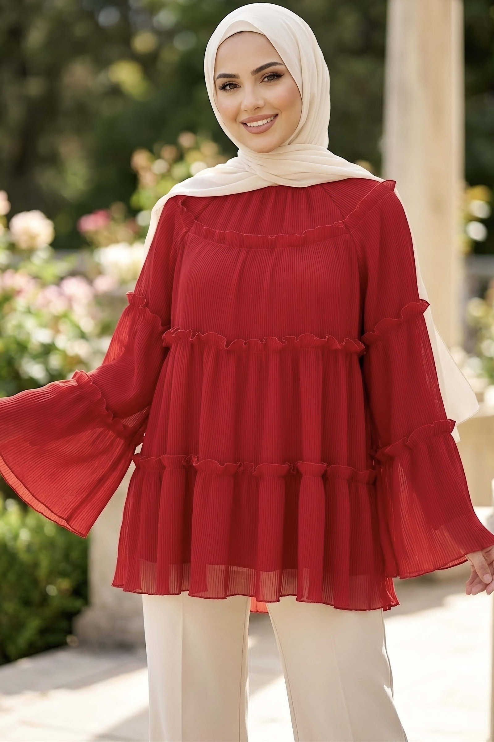 Fırfırlı Şifon Tunik Kirmizi - 28998-KIRMIZI - 1