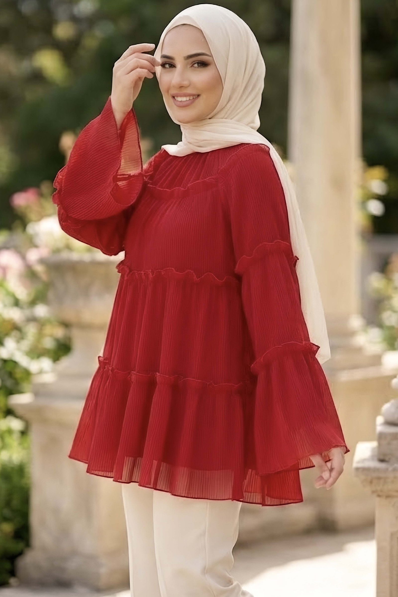 Fırfırlı Şifon Tunik Kirmizi - 28998-KIRMIZI - 3