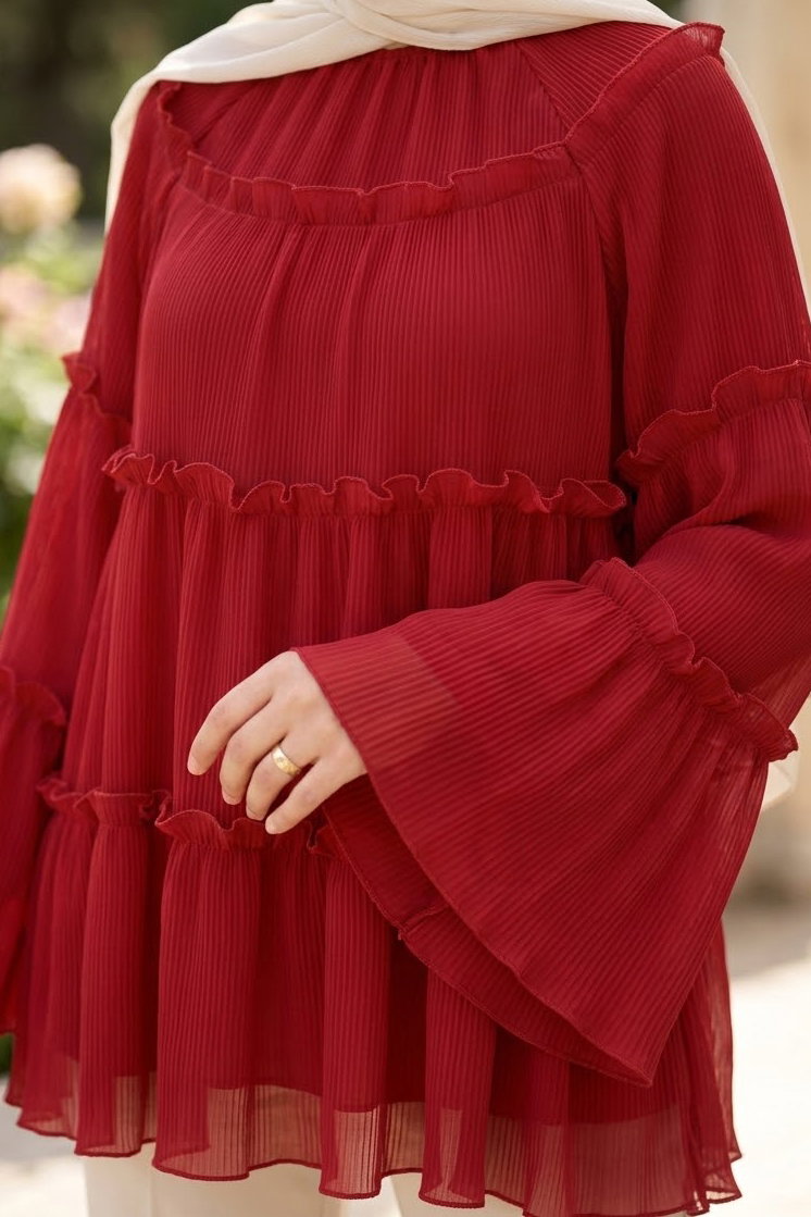 Fırfırlı Şifon Tunik Kirmizi - 28998-KIRMIZI - 4