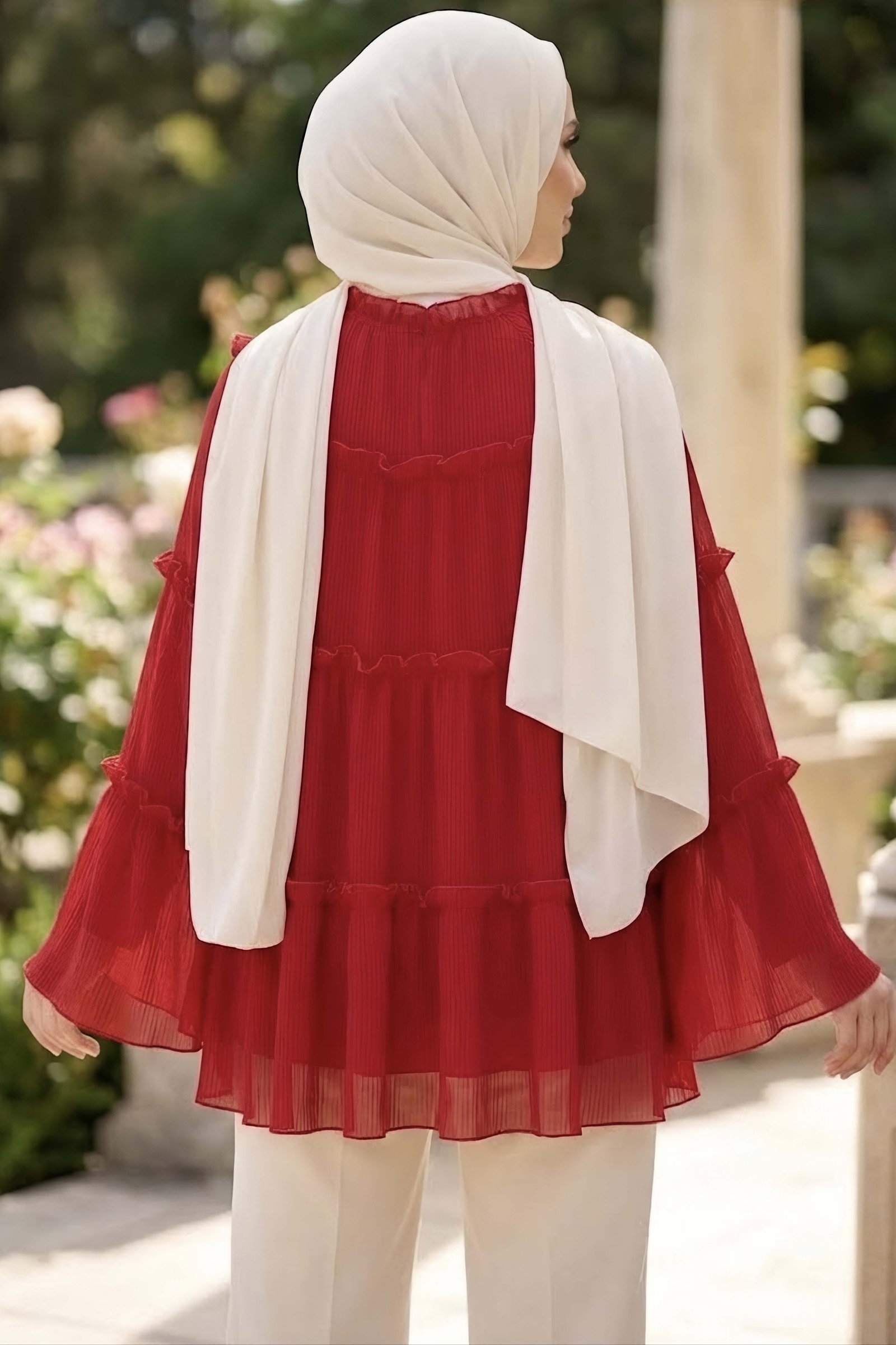 Fırfırlı Şifon Tunik Kirmizi - 28998-KIRMIZI - 5
