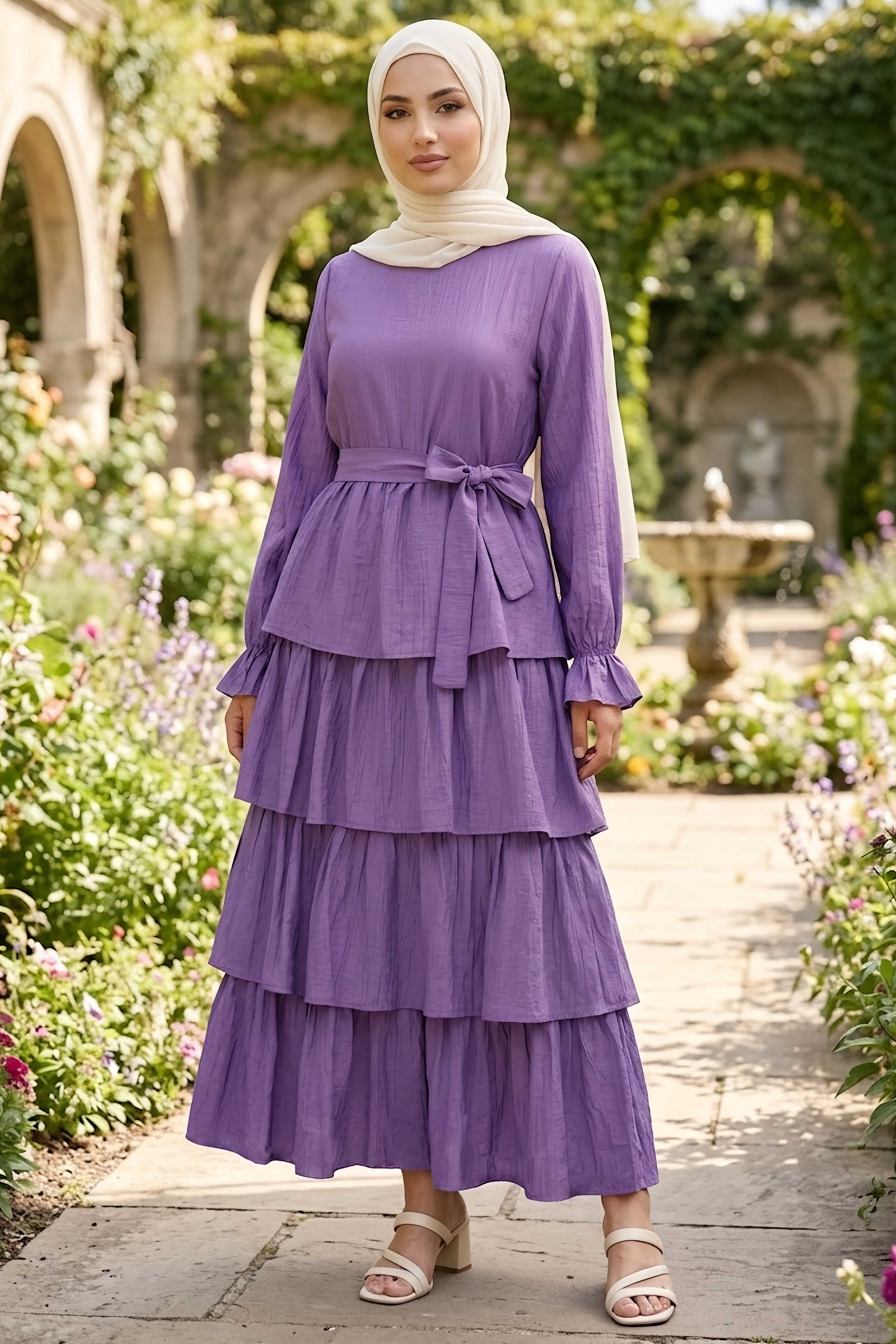 Fırfırrlı Kuşaklı Elbise Lila - 28649-LILA - 1