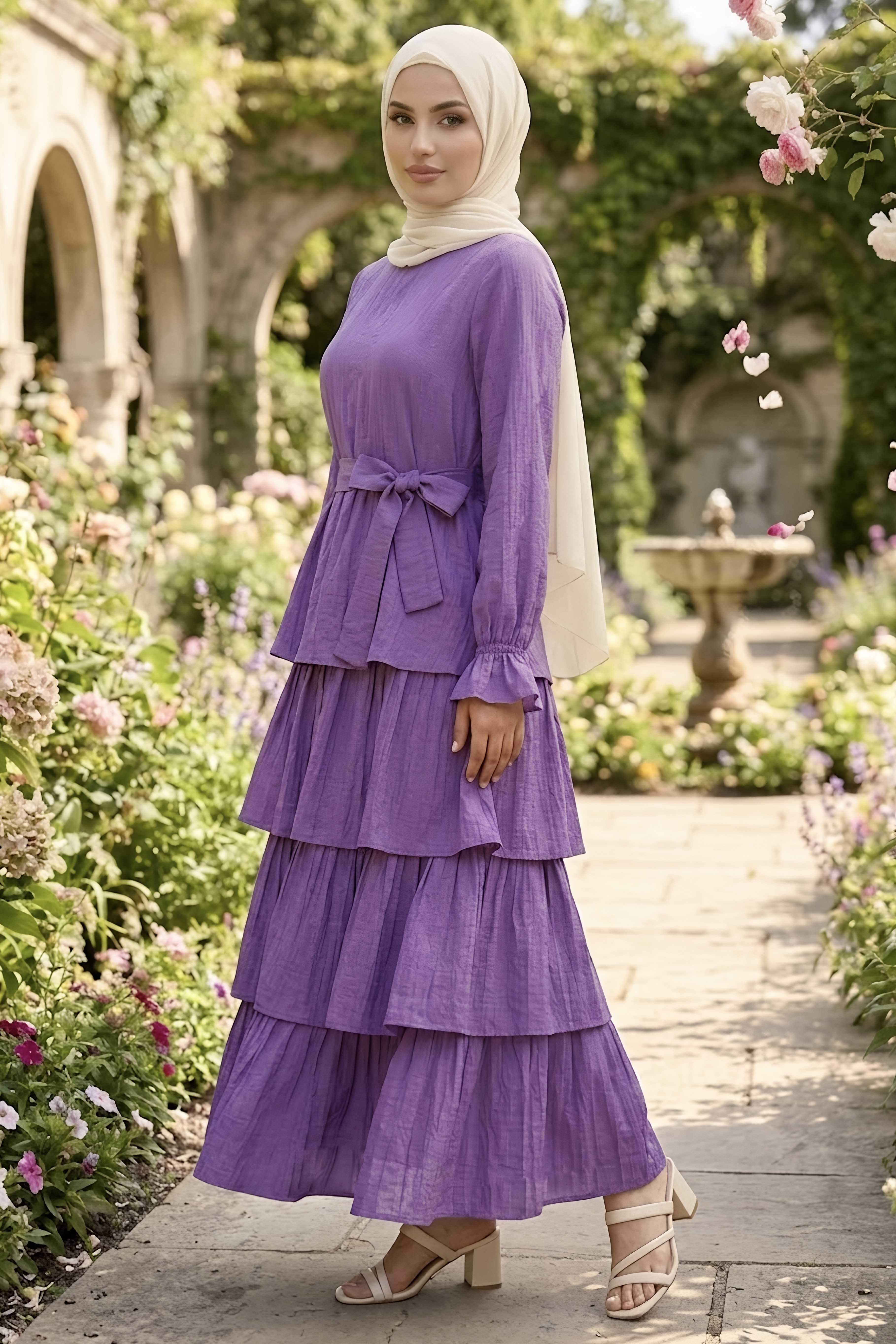 Fırfırrlı Kuşaklı Elbise Lila - 28649-LILA - 2