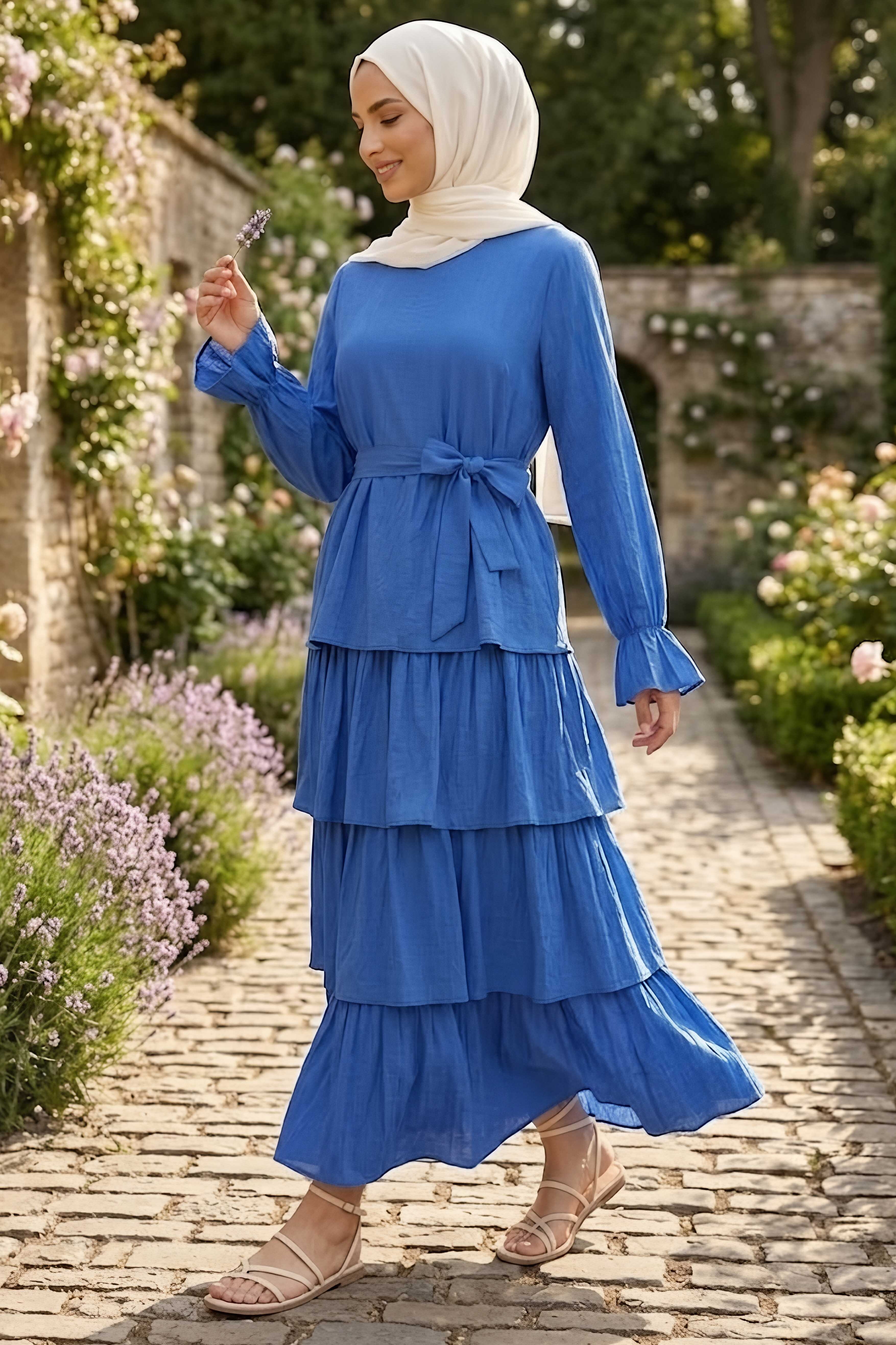 Fırfırrlı Kuşaklı Elbise Saks - 28649-SAKS - 1