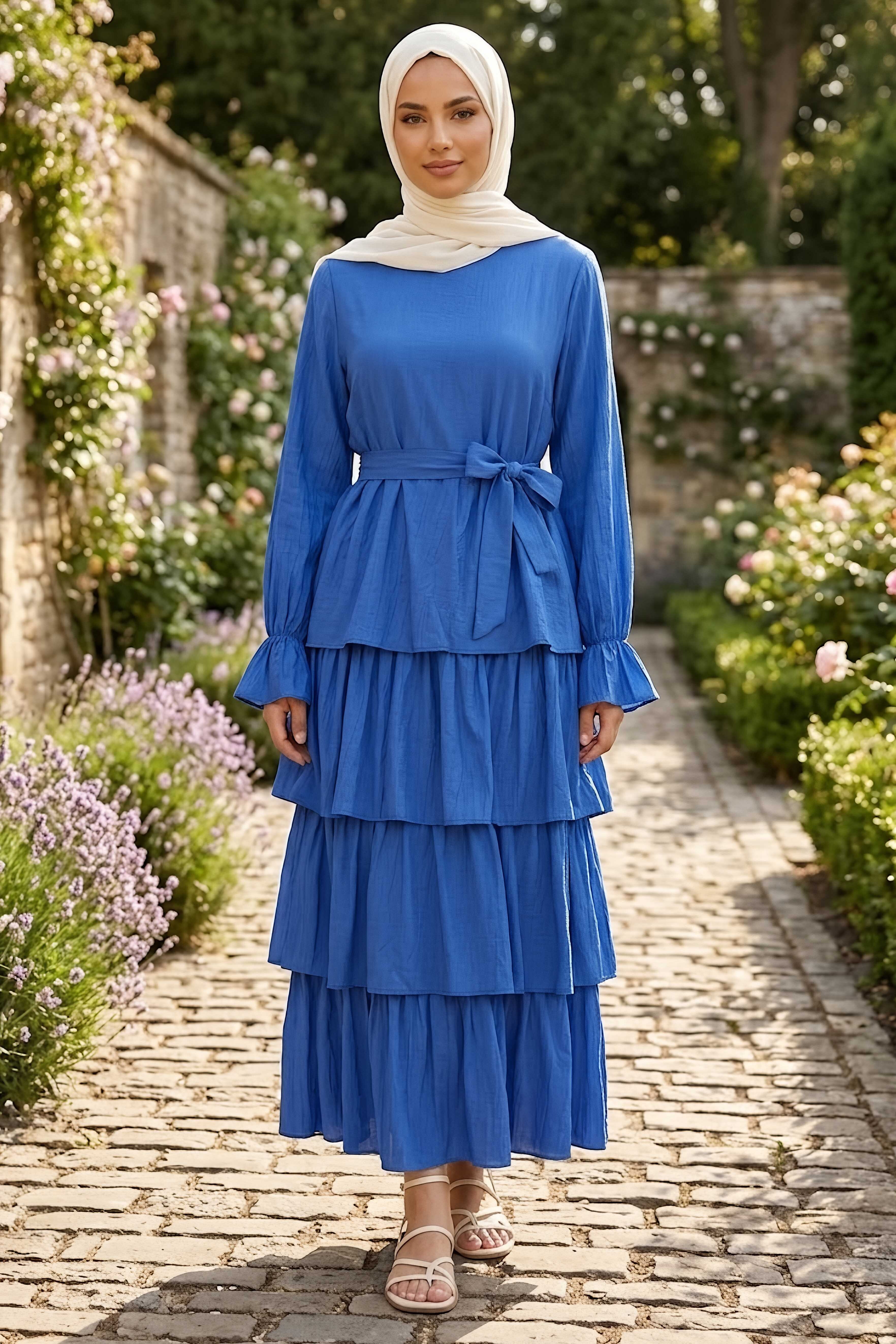 Fırfırrlı Kuşaklı Elbise Saks - 28649-SAKS - 2