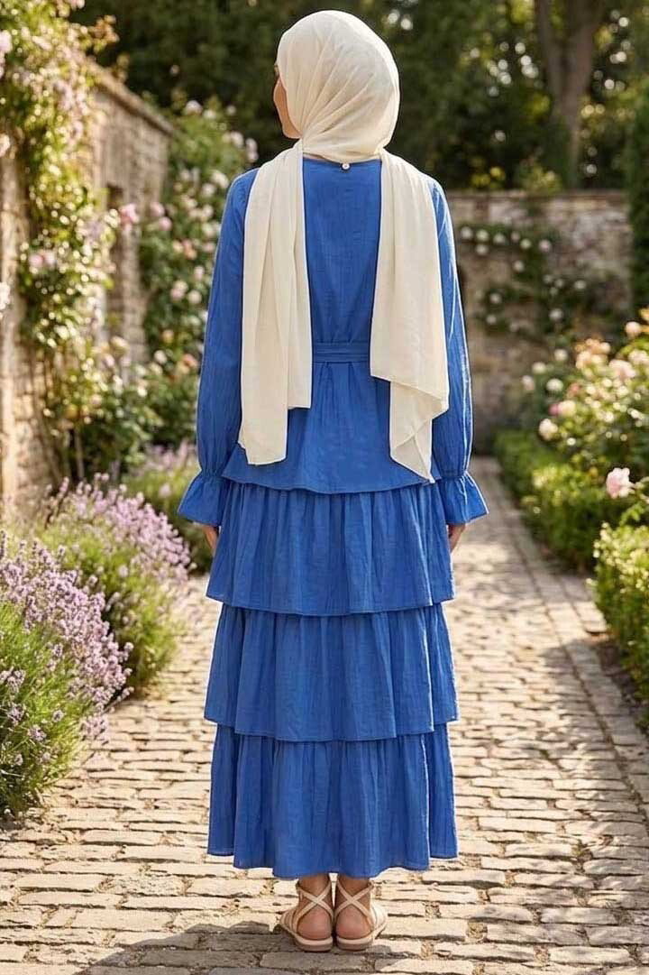 Fırfırrlı Kuşaklı Elbise Saks - 28649-SAKS - 3