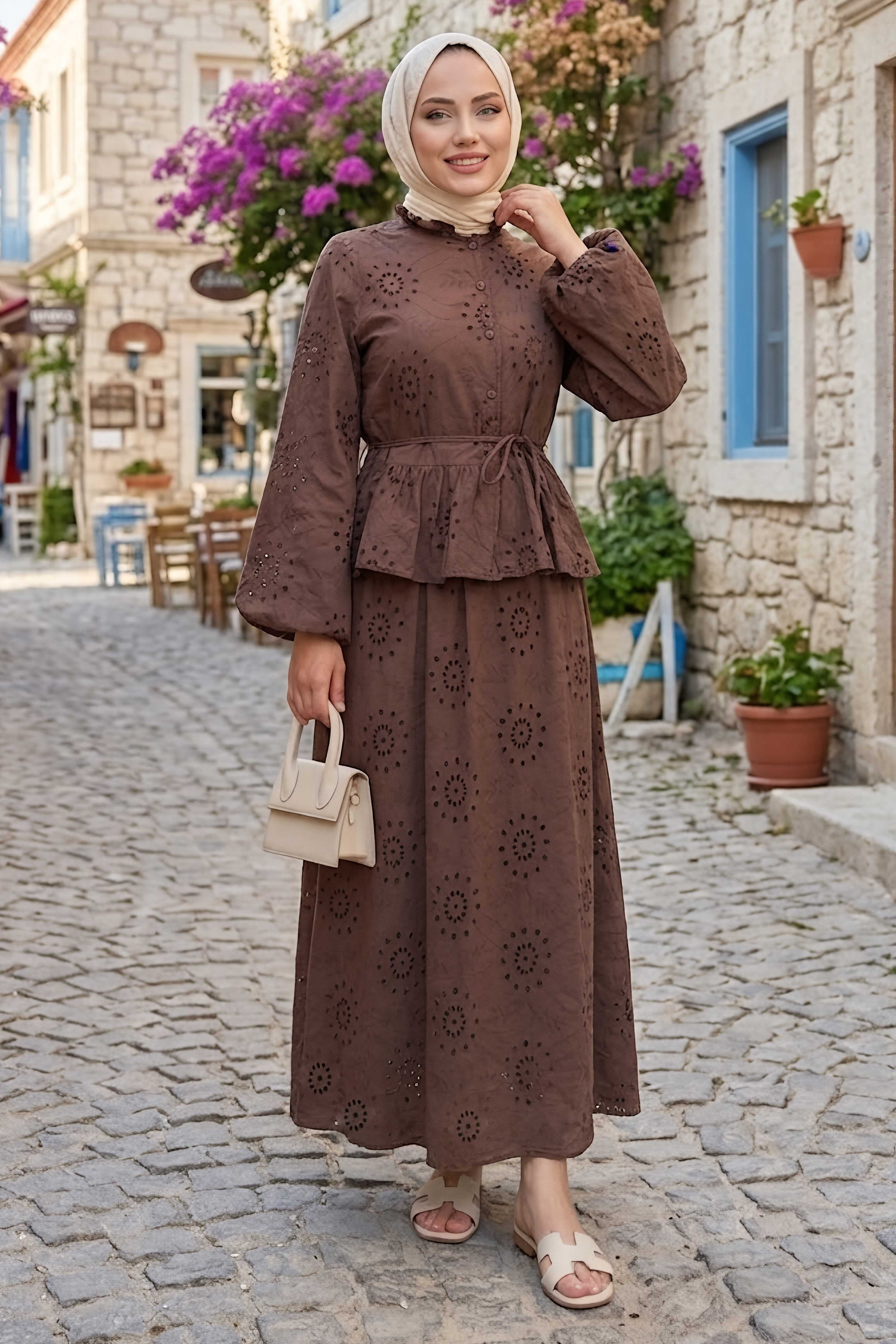 Fistolu Düğmeli Etek Takım Kahve - 28578-KAHVE - 2