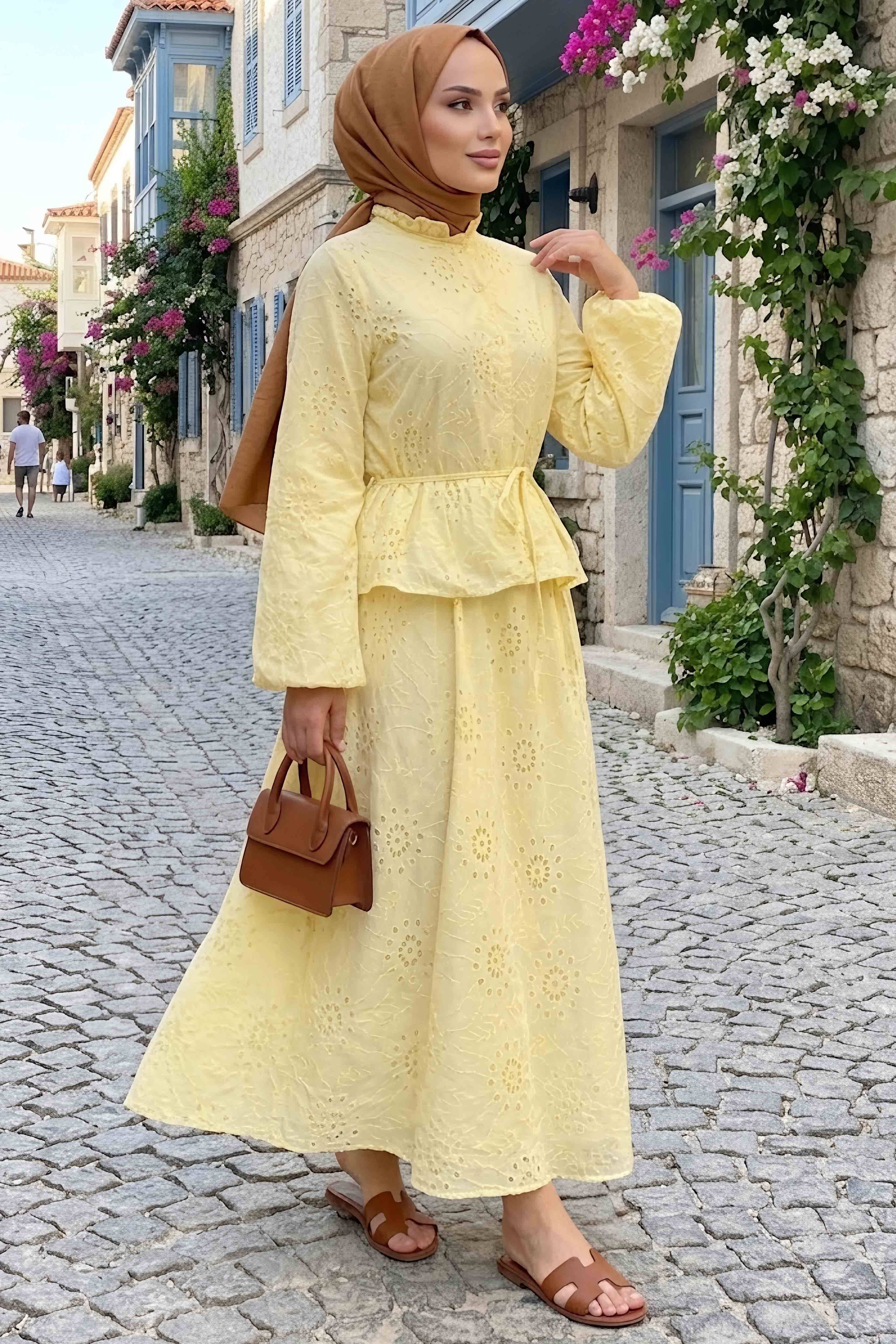 Fistolu Düğmeli Etek Takım Sari - 28578-SARI - 1
