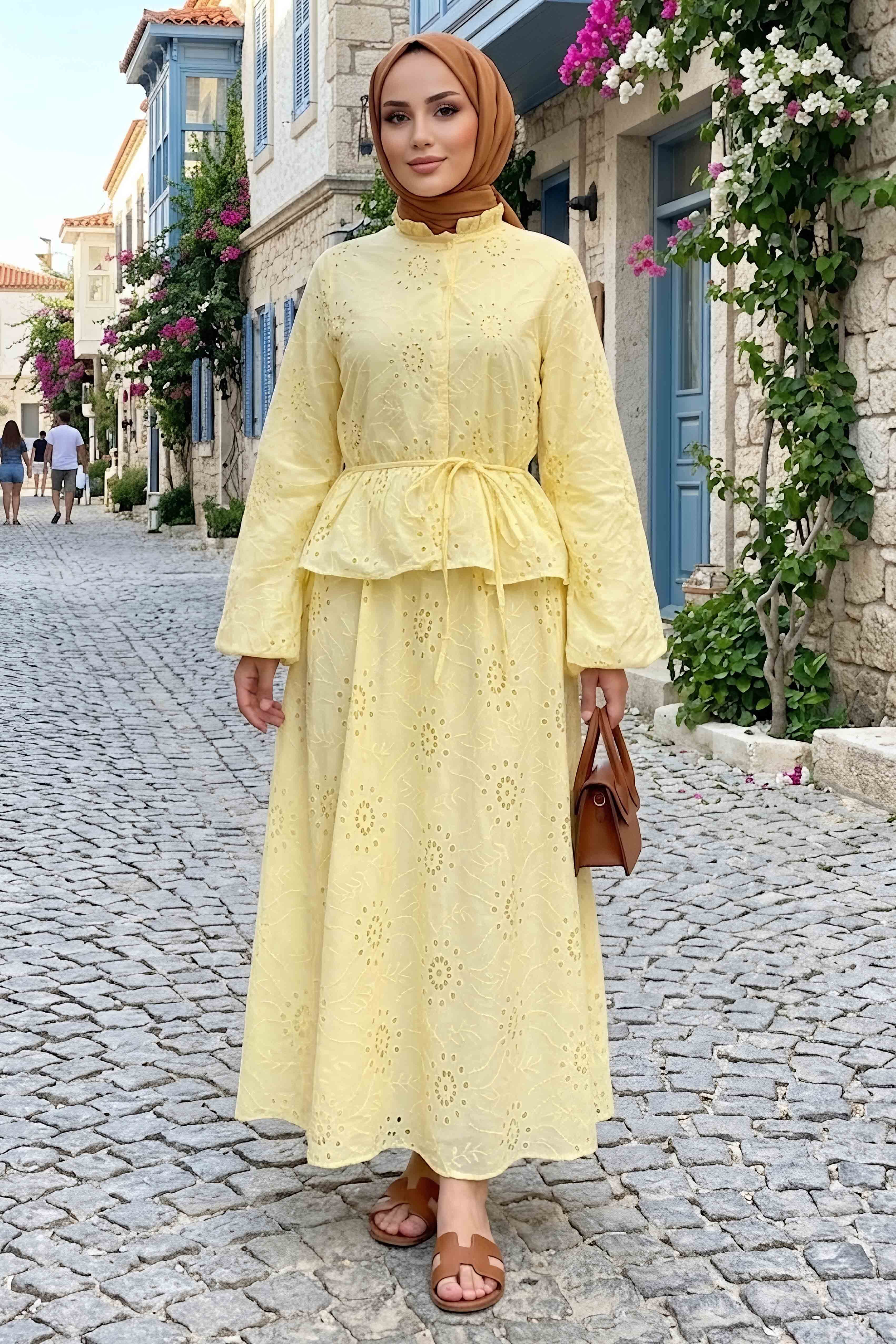 Fistolu Düğmeli Etek Takım Sari - 28578-SARI - 2