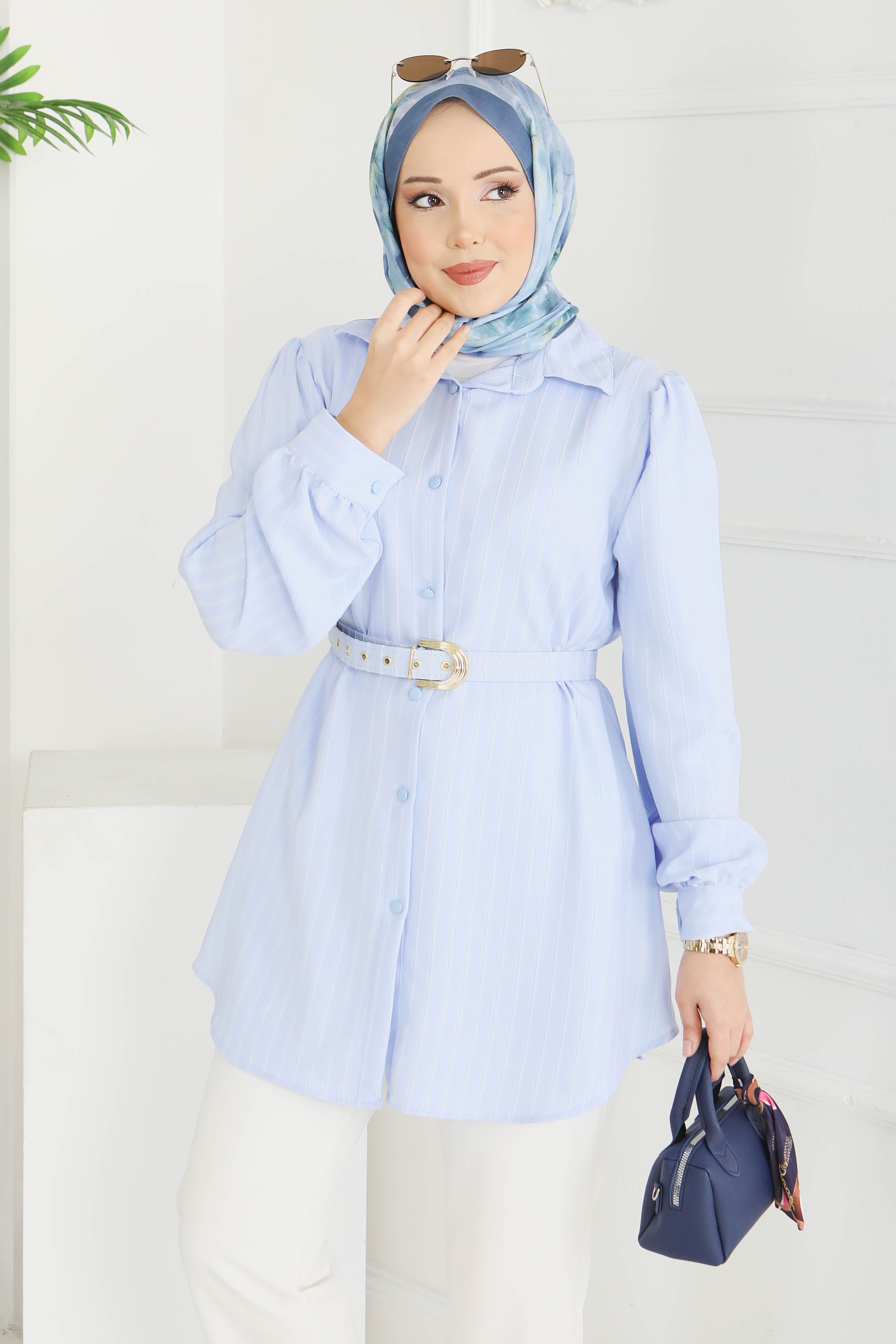 Fitil Detaylı Kemerli Tunik - 28208-BEBE-MAVI - 4