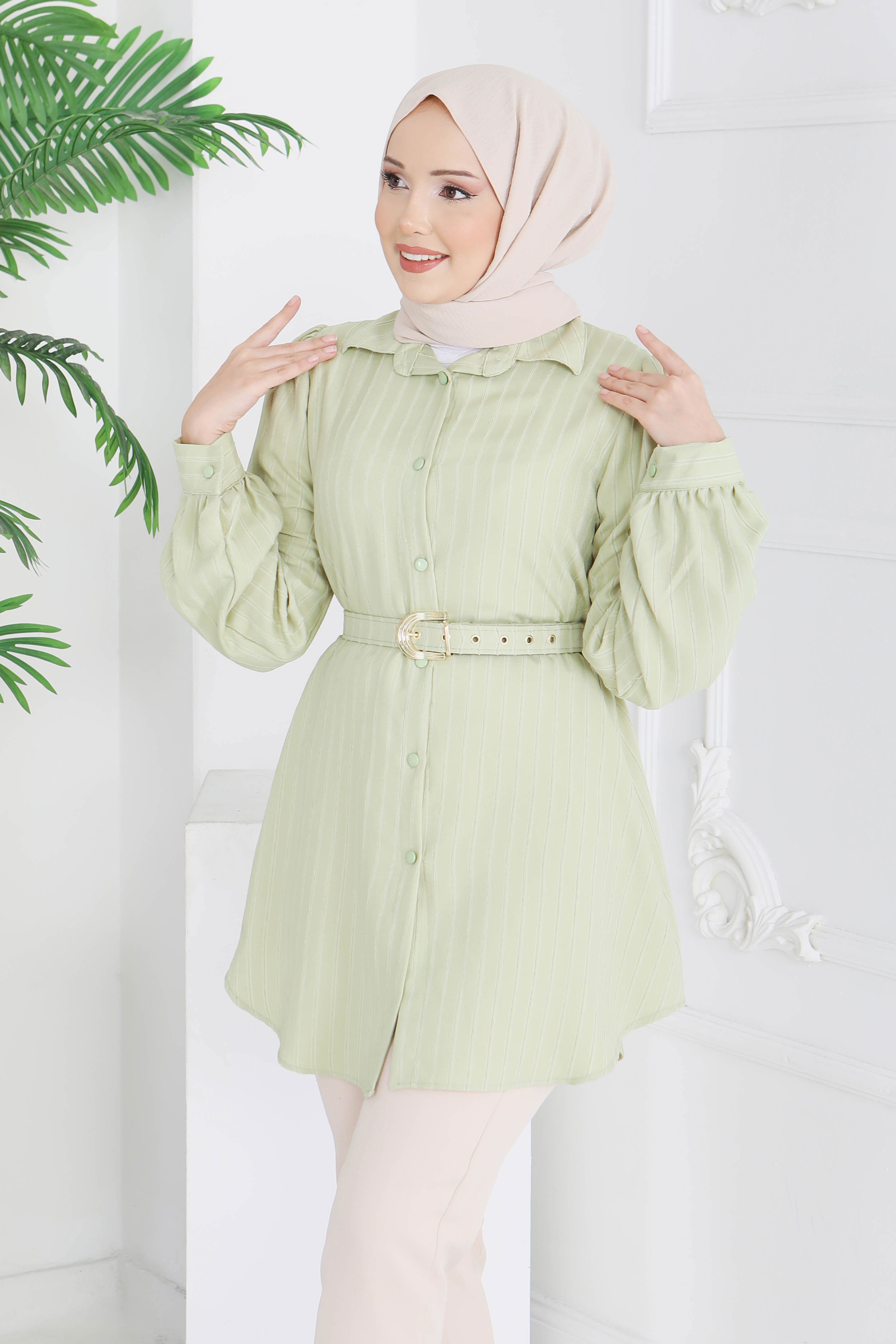 Fitil Detaylı Kemerli Tunik - 28208-CAGLA - 2