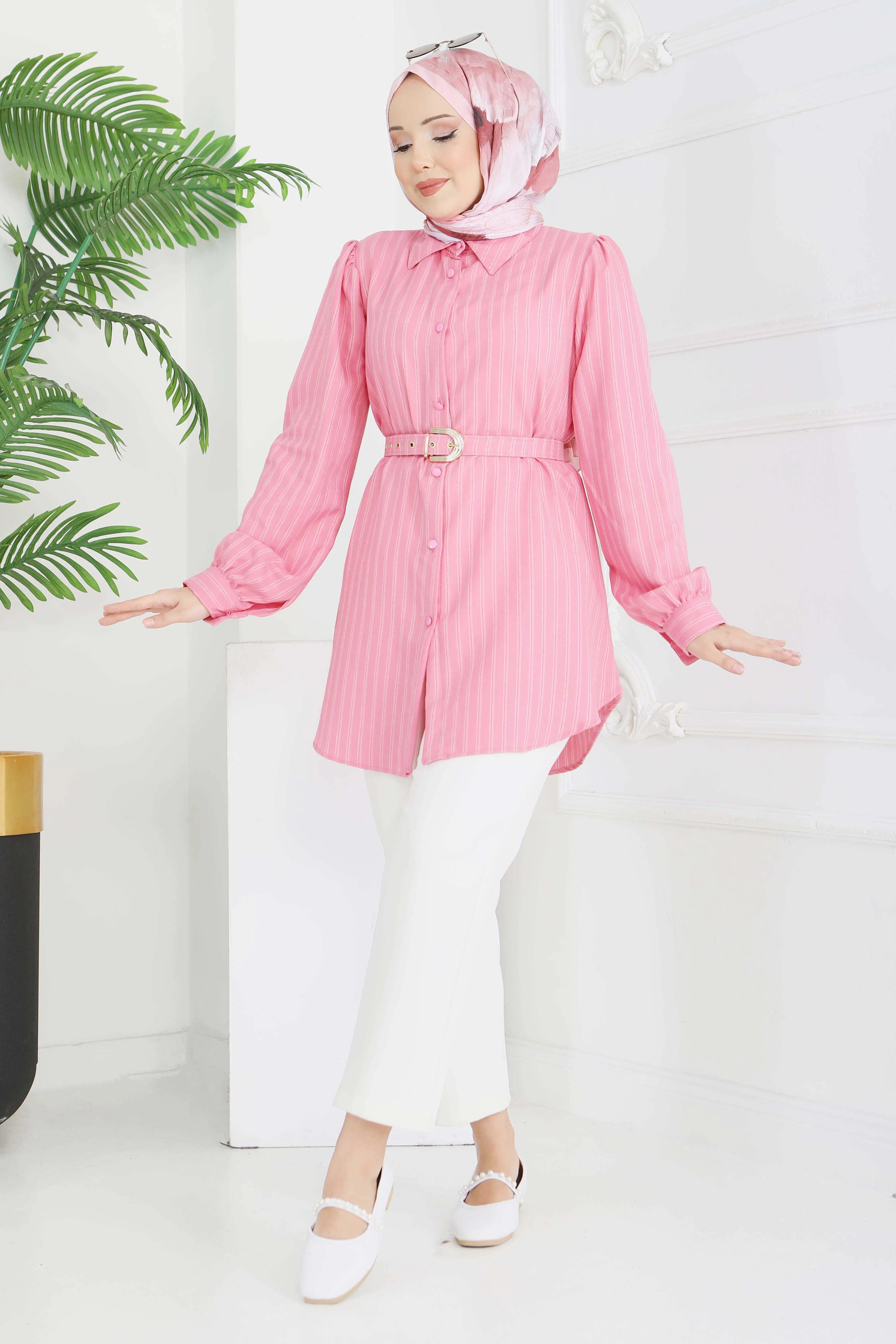 Fitil Detaylı Kemerli Tunik - 28208-PEMBE - 4