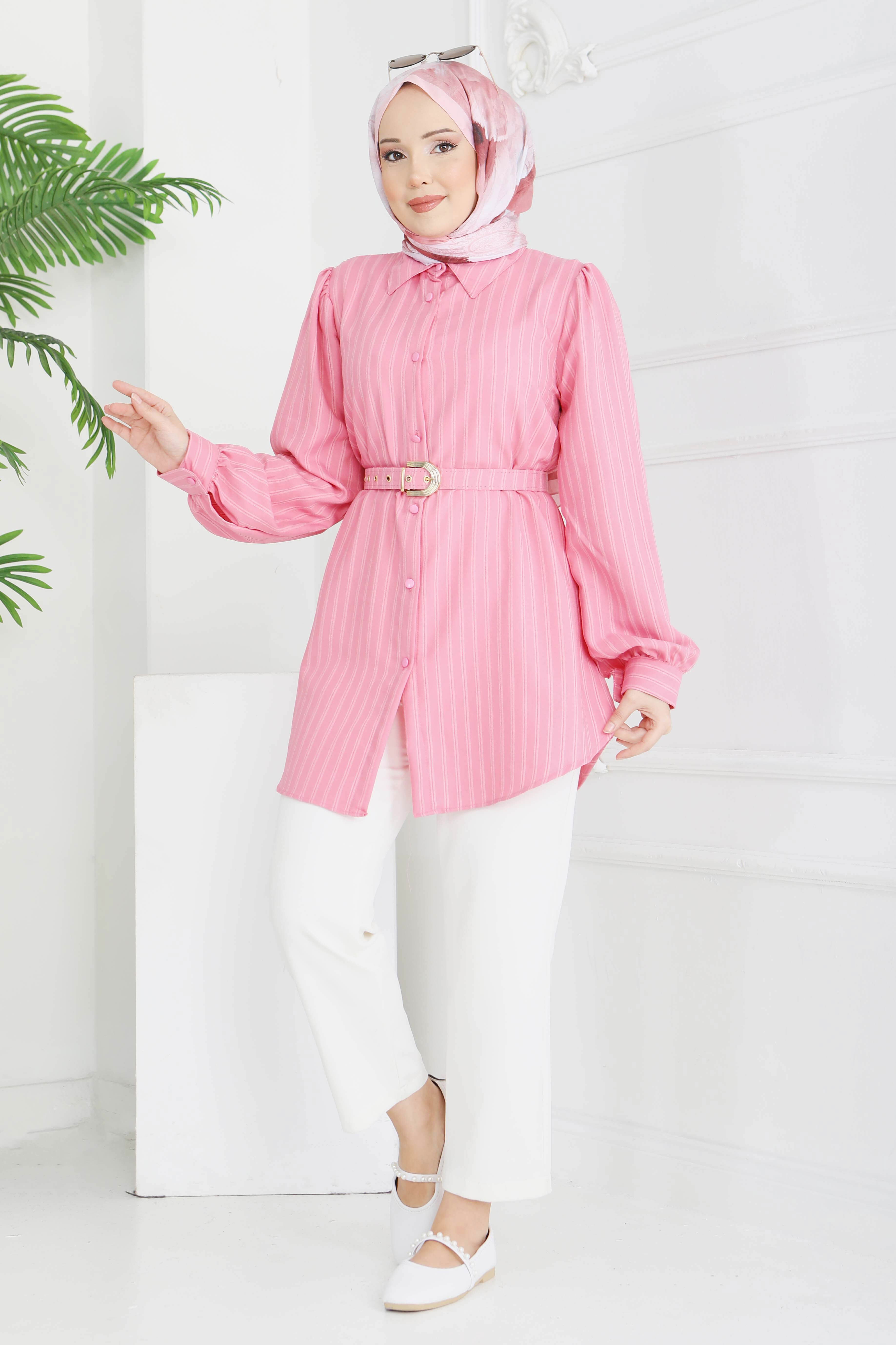 Fitil Detaylı Kemerli Tunik - 28208-PEMBE - 3