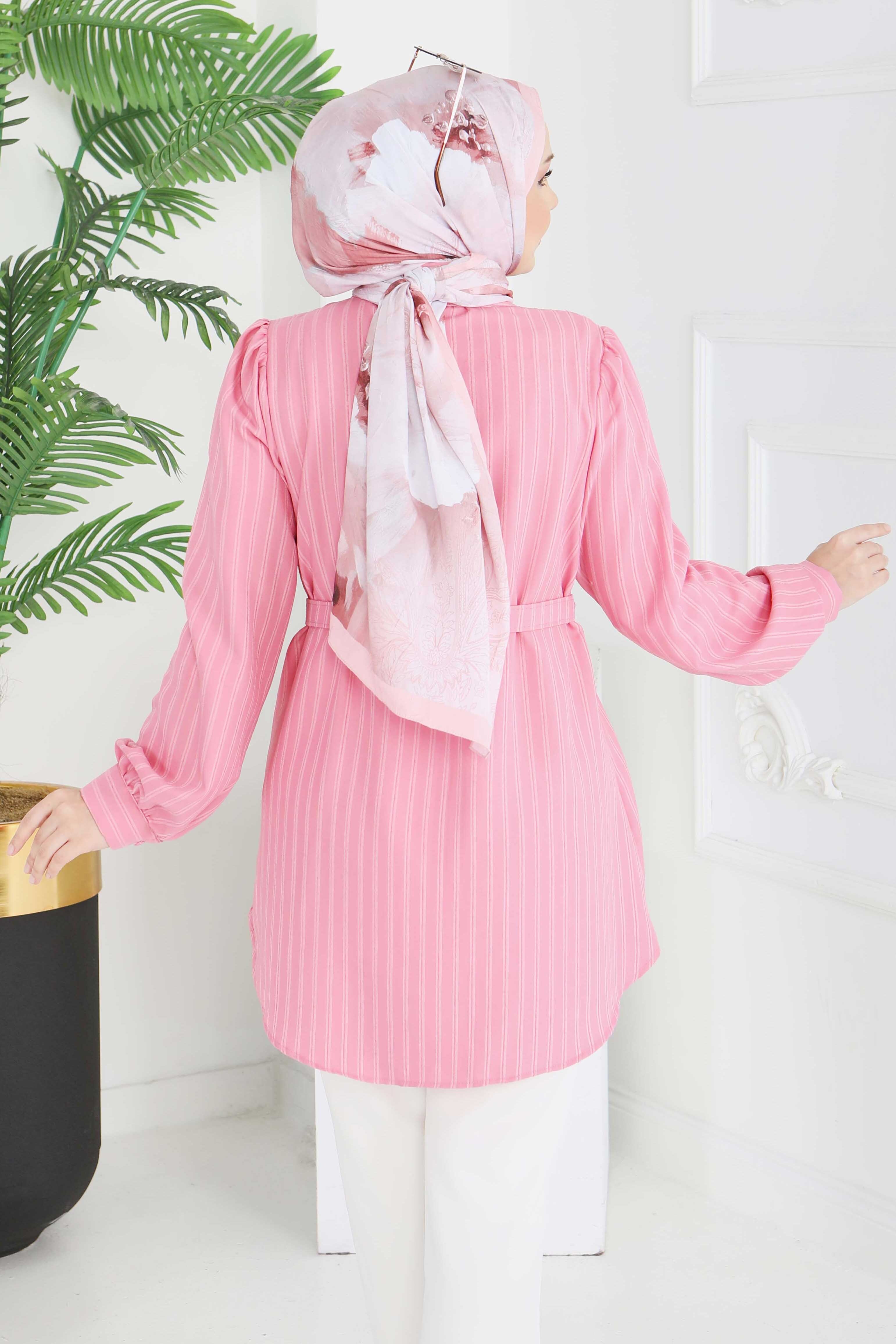 Fitil Detaylı Kemerli Tunik - 28208-PEMBE - 6