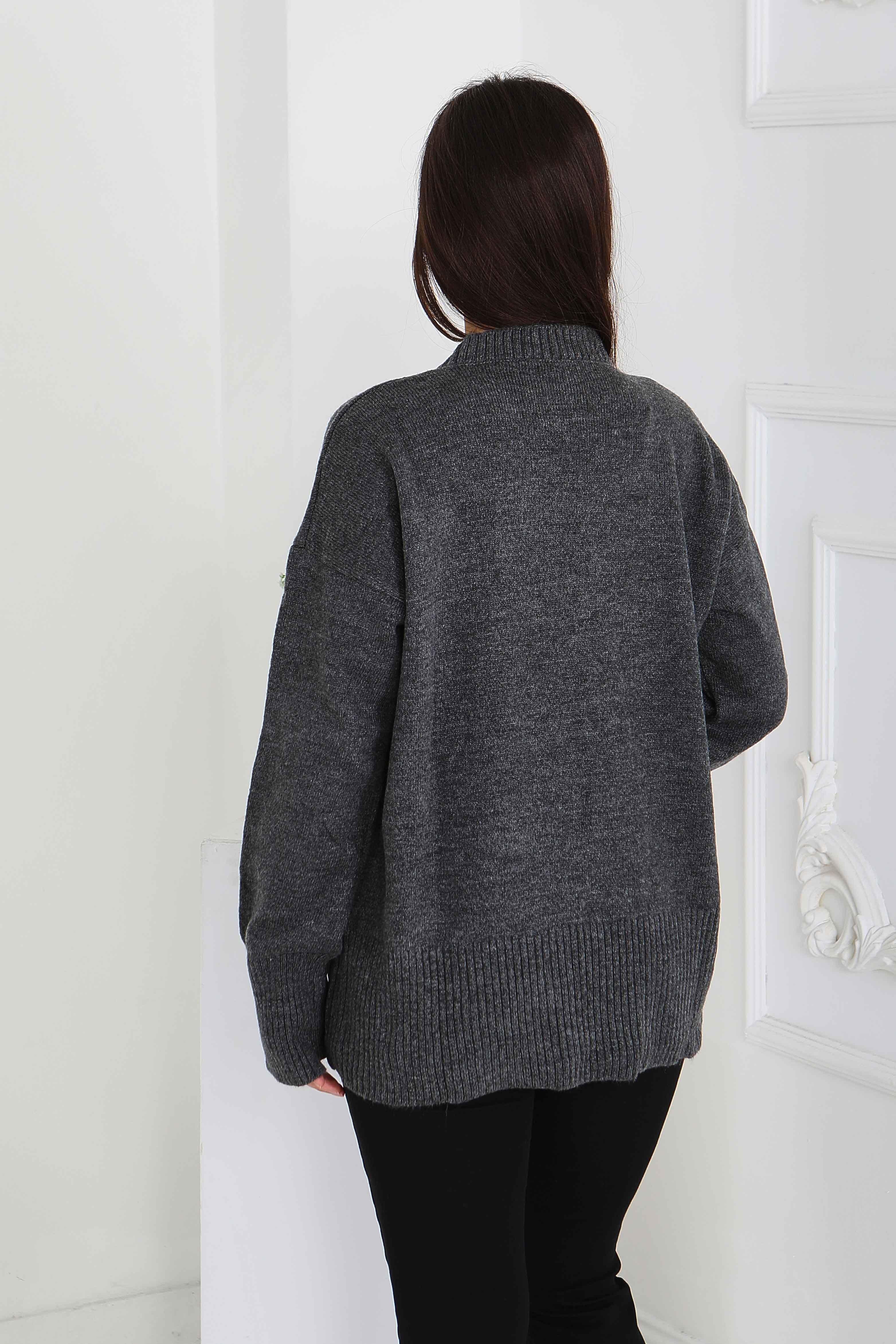 Fitil Detaylı Triko Kazak - 27718-ANTRASIT - 4