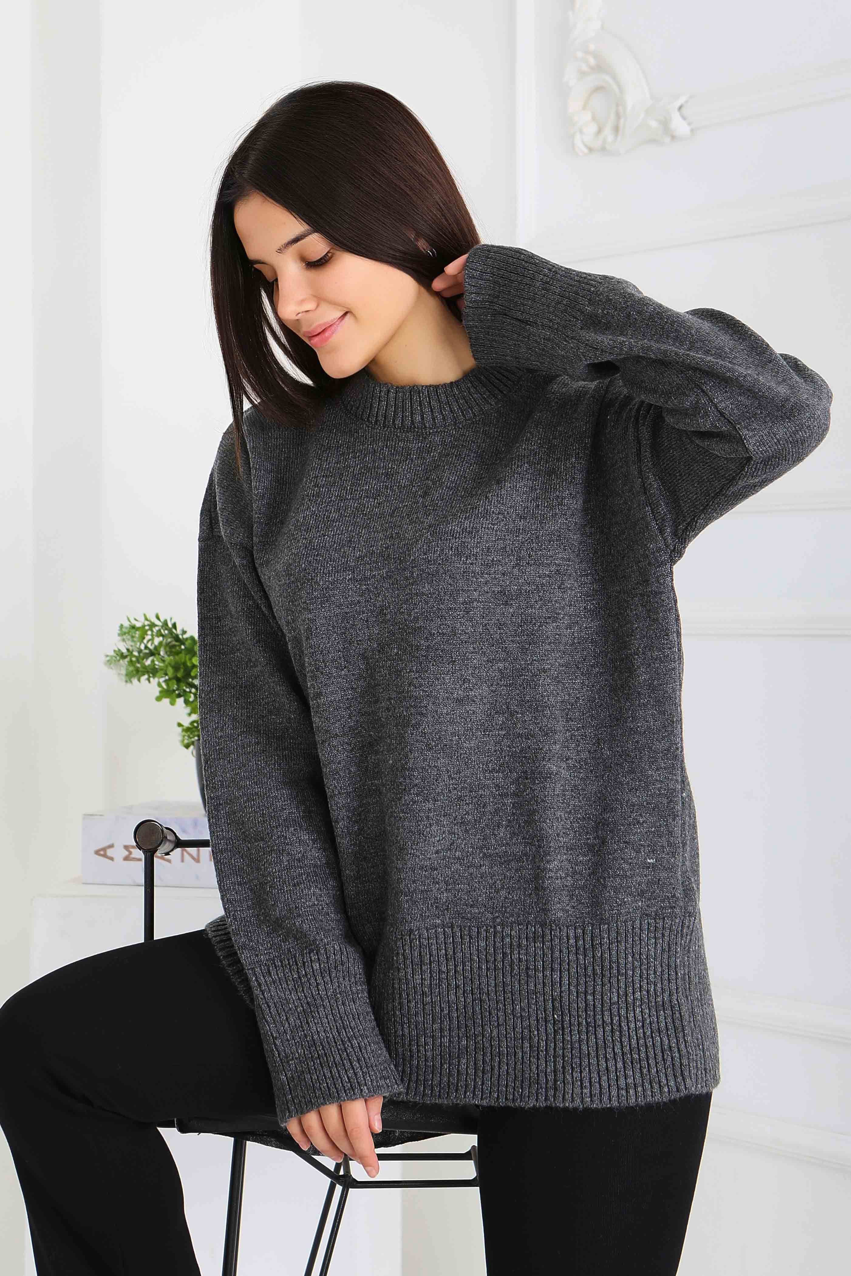 Fitil Detaylı Triko Kazak - 27718-ANTRASIT - 1