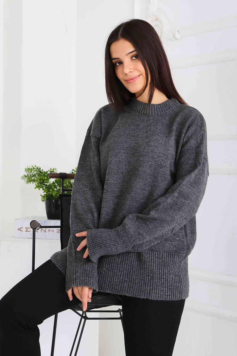 Fitil Detaylı Triko Kazak - 27718-ANTRASIT - TOFİSA