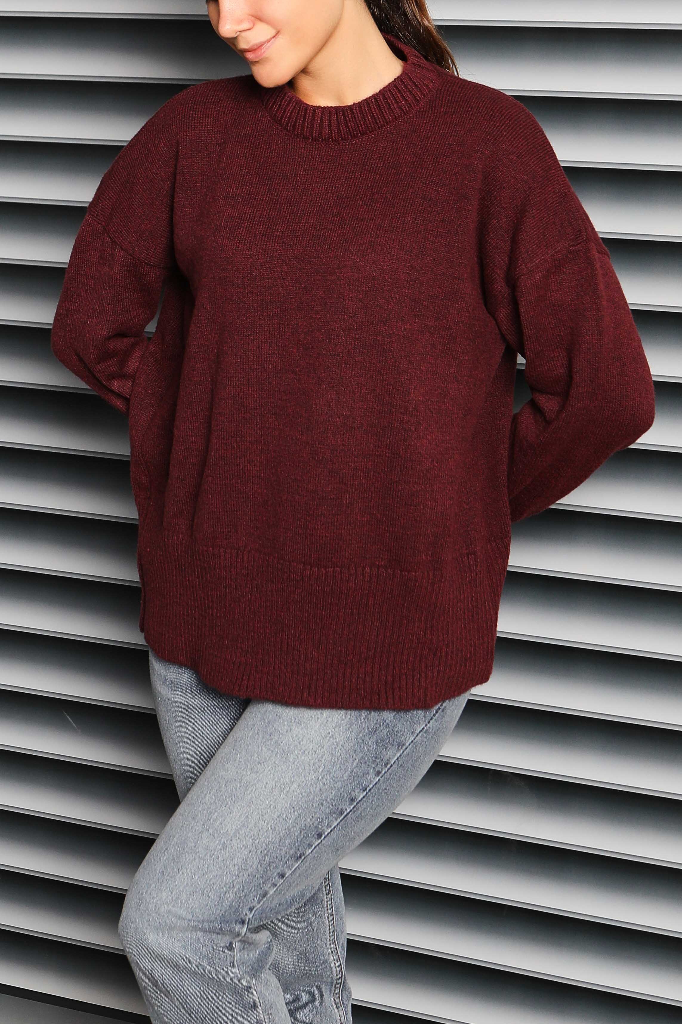 Fitil Detaylı Triko Kazak - 27718-BORDO - 2