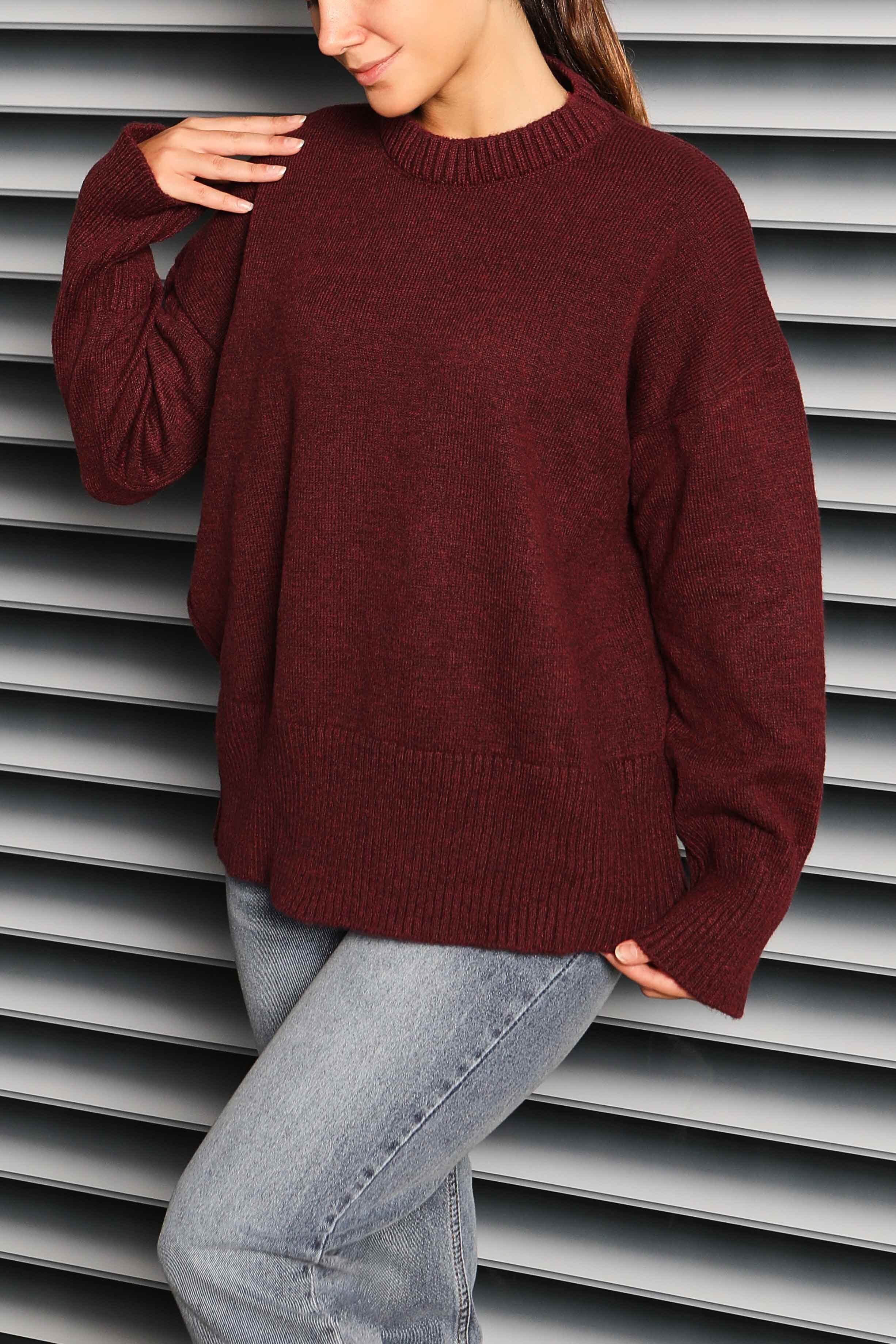 Fitil Detaylı Triko Kazak - 27718-BORDO - 3