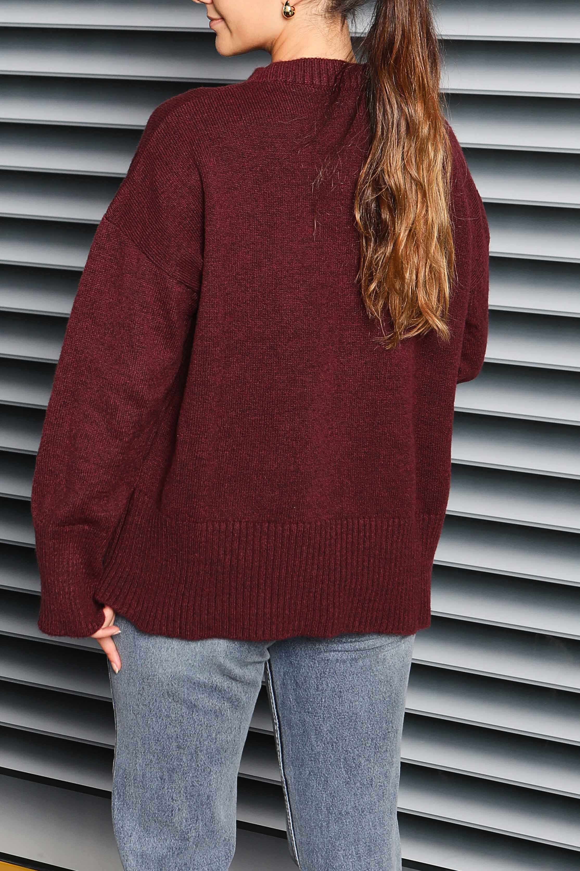 Fitil Detaylı Triko Kazak - 27718-BORDO - 6