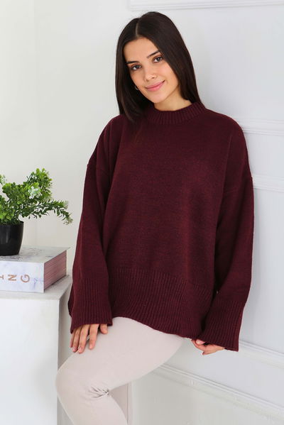 Fitil Detaylı Triko Kazak - 27718-BORDO 