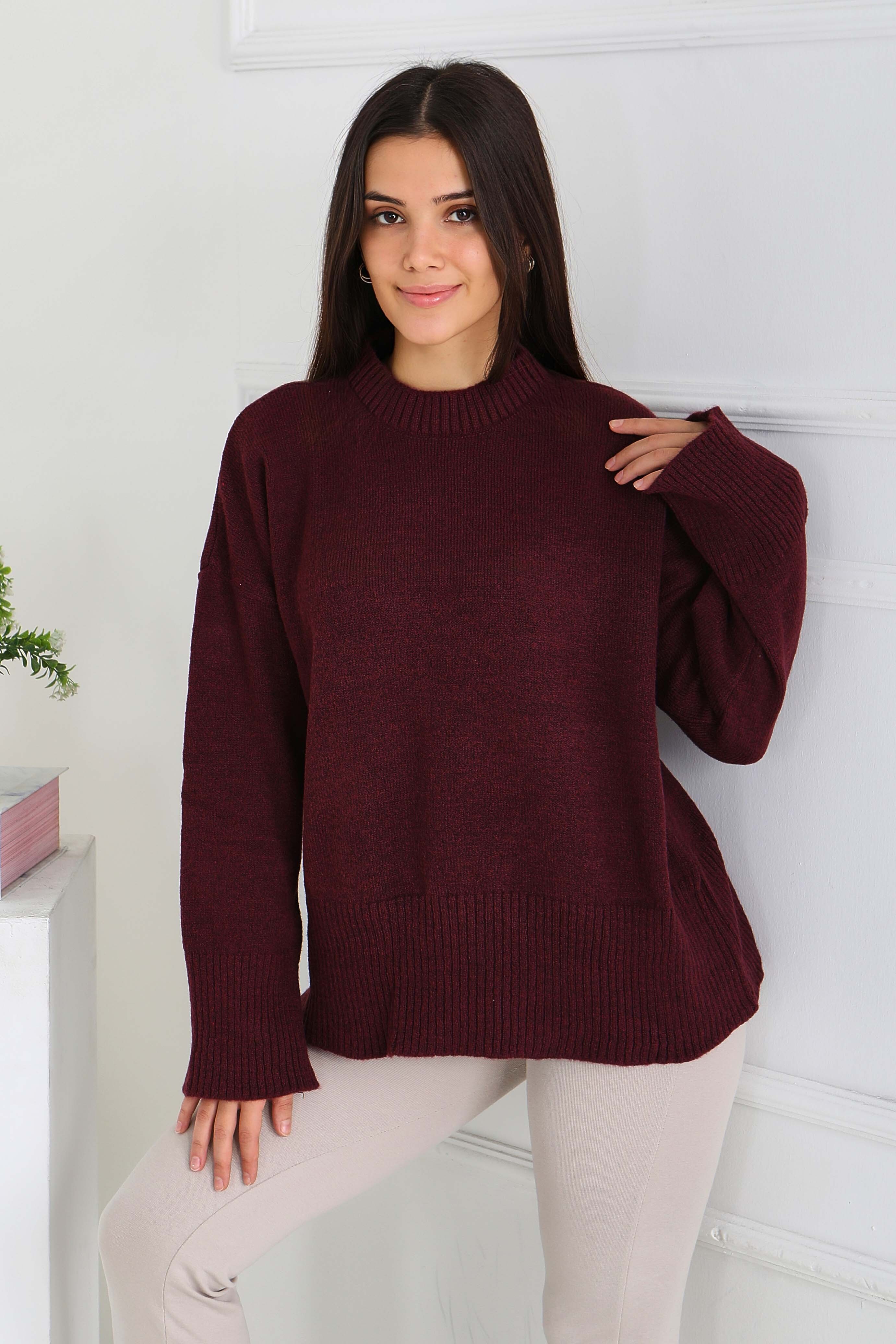 Fitil Detaylı Triko Kazak - 27718-BORDO - 2