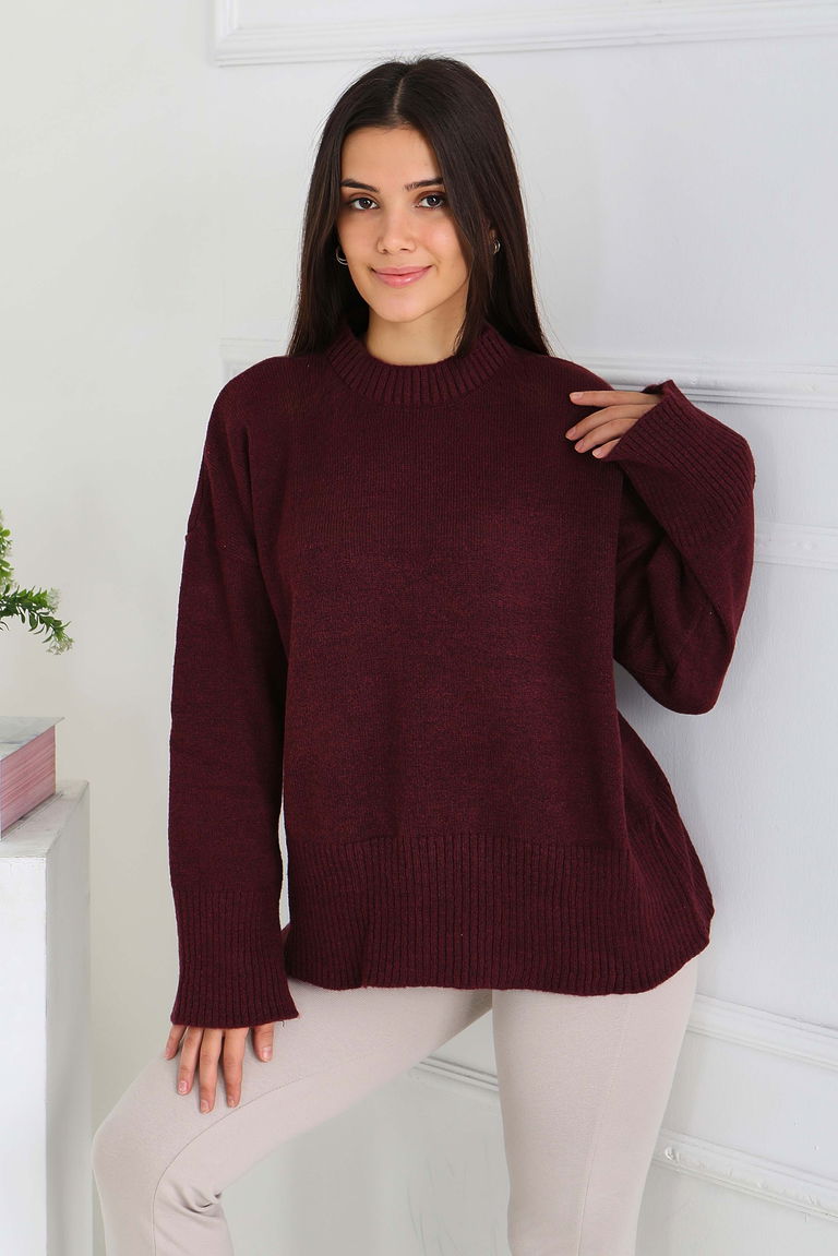 Fitil Detaylı Triko Kazak - 27718-BORDO - TOFİSA