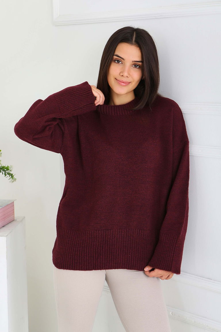 Fitil Detaylı Triko Kazak - 27718-BORDO - TOFİSA