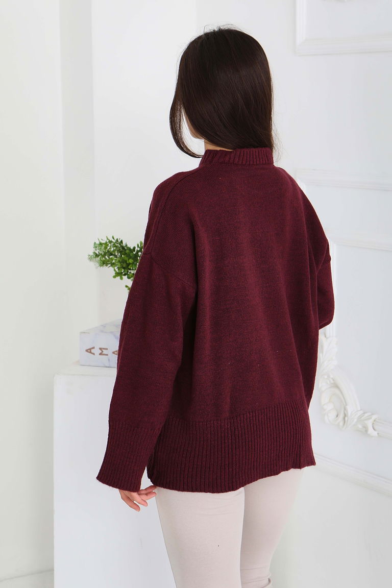 Fitil Detaylı Triko Kazak - 27718-BORDO - TOFİSA