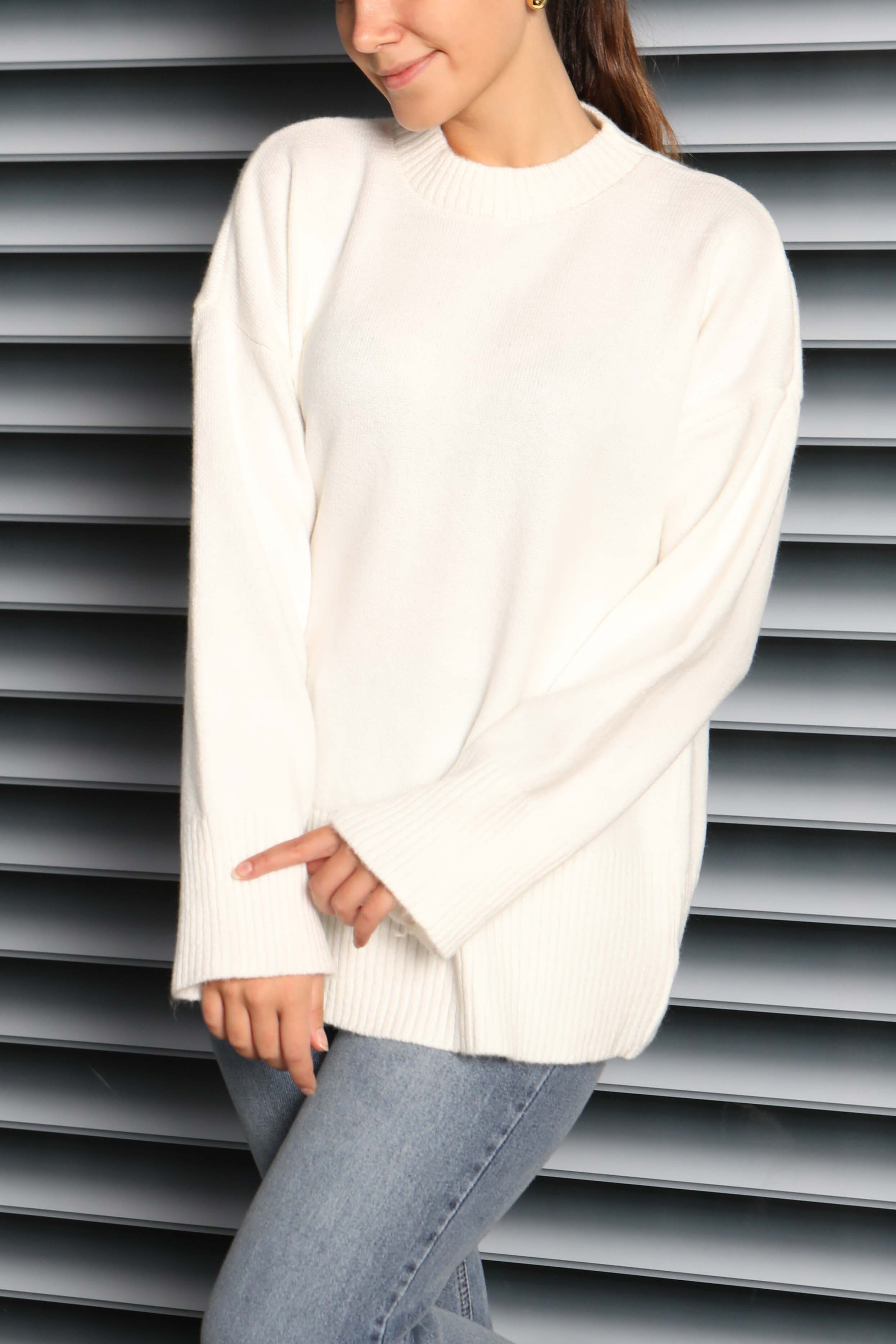 Fitil Detaylı Triko Kazak - 27718-EKRU - 1