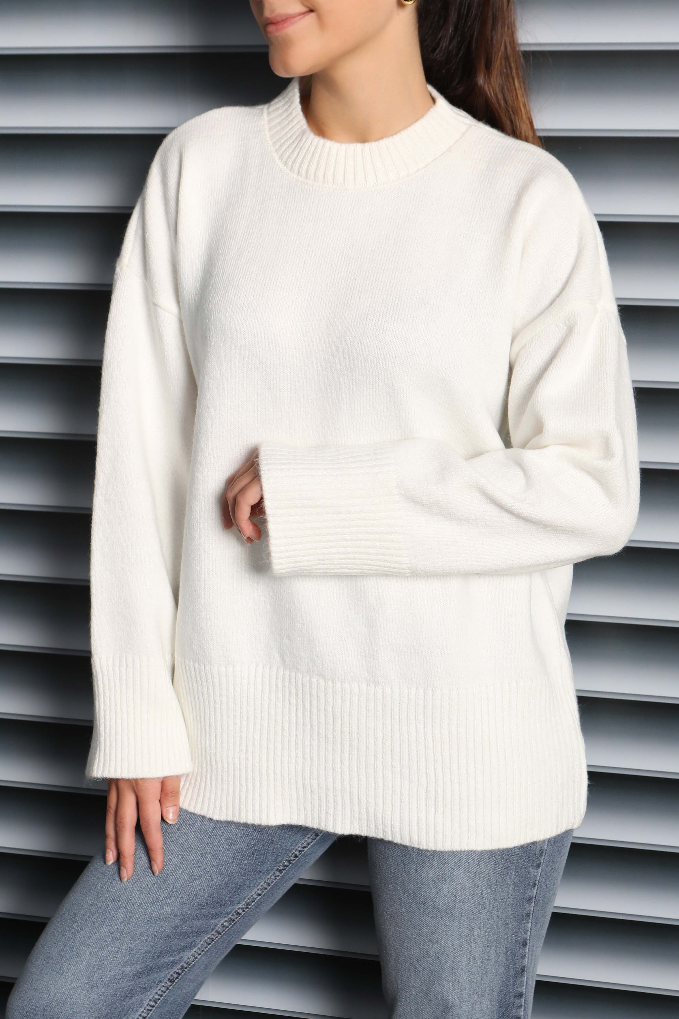 Fitil Detaylı Triko Kazak - 27718-EKRU - 3