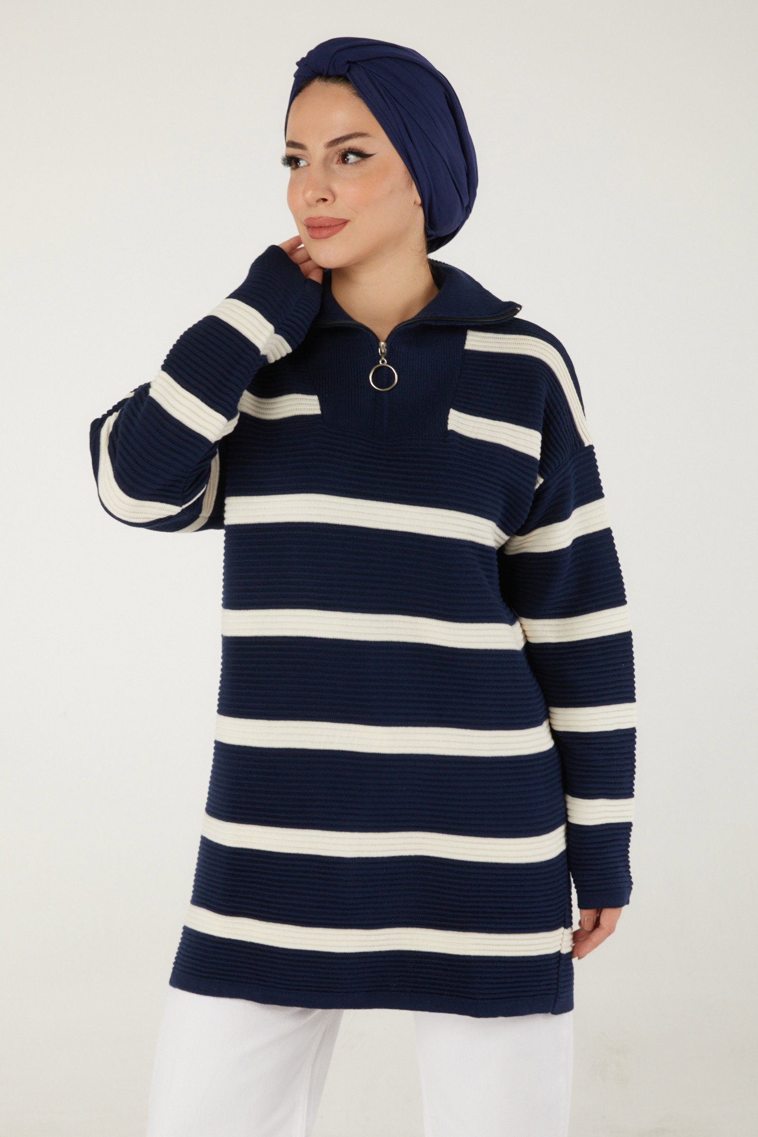 Fitili Fermuarlı Çizgili Kazak - 27642 - 1