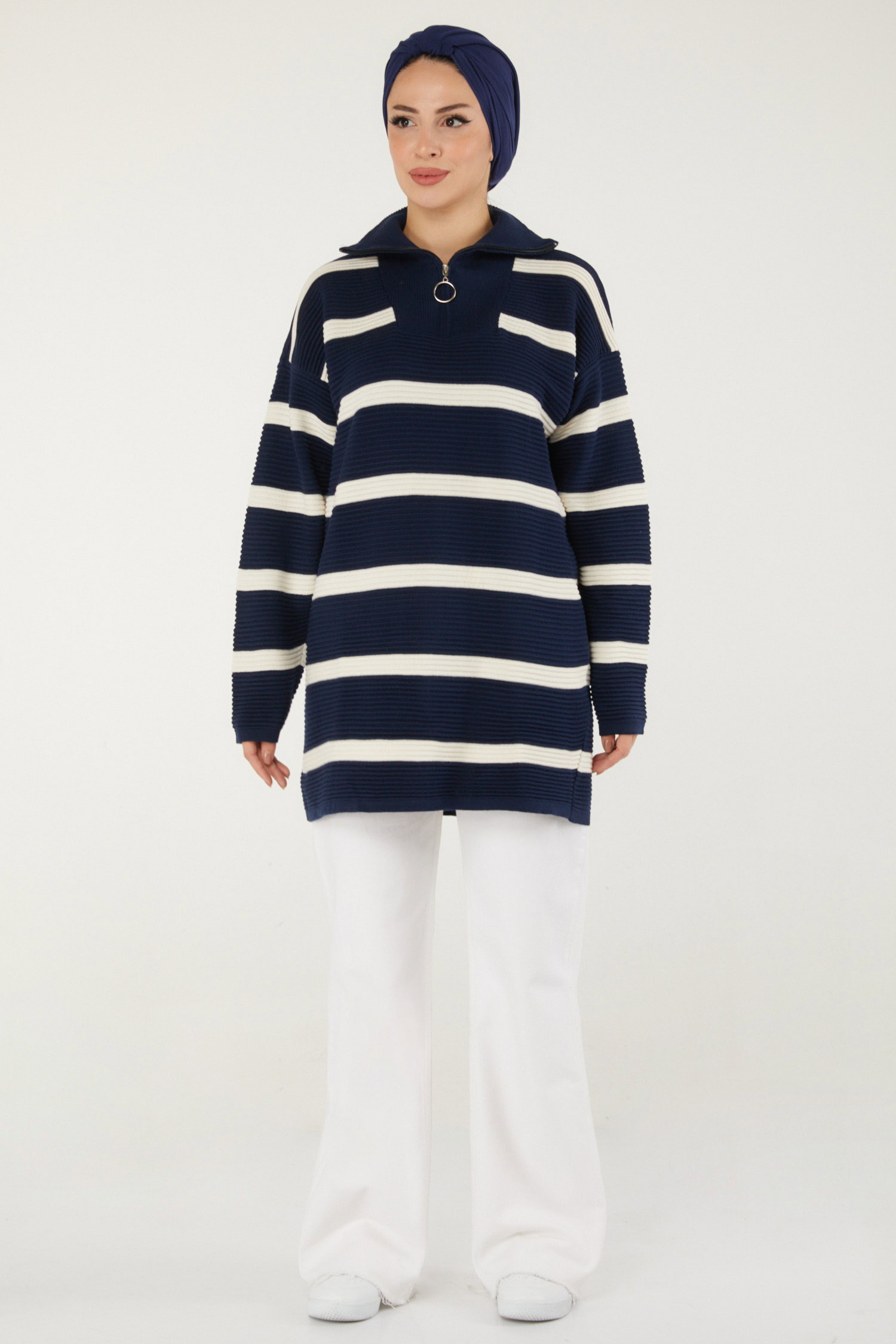 Fitili Fermuarlı Çizgili Kazak - 27642 - 2