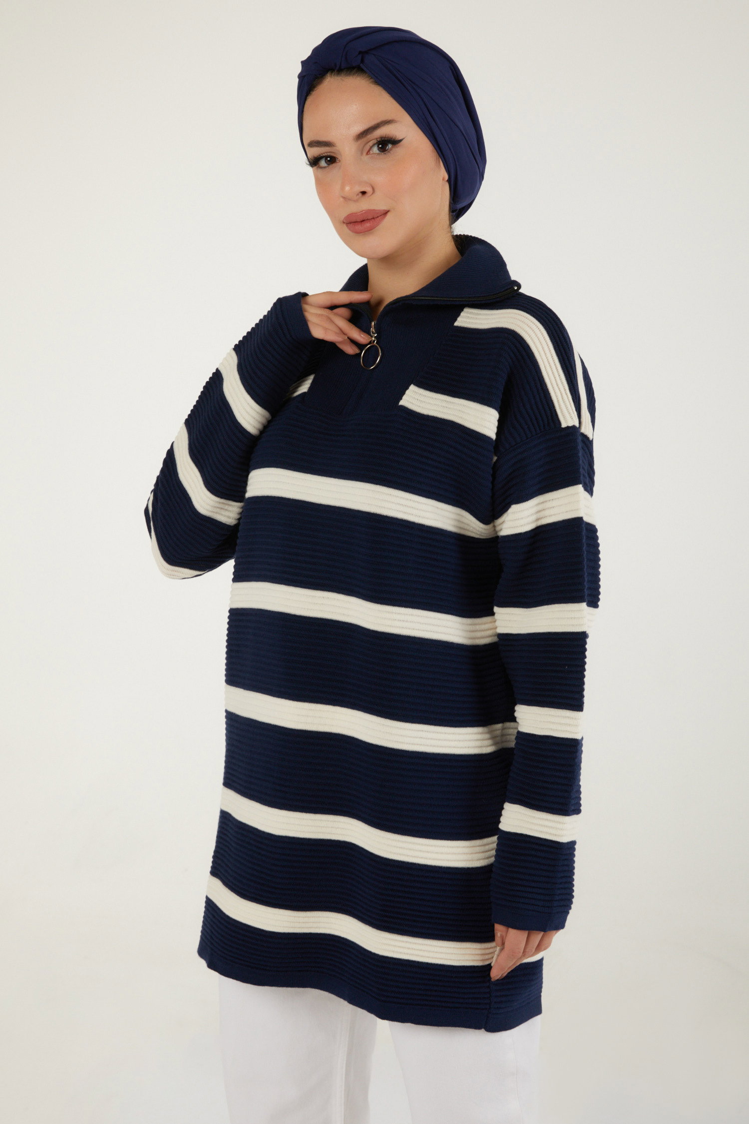 Fitili Fermuarlı Çizgili Kazak - 27642 - 3