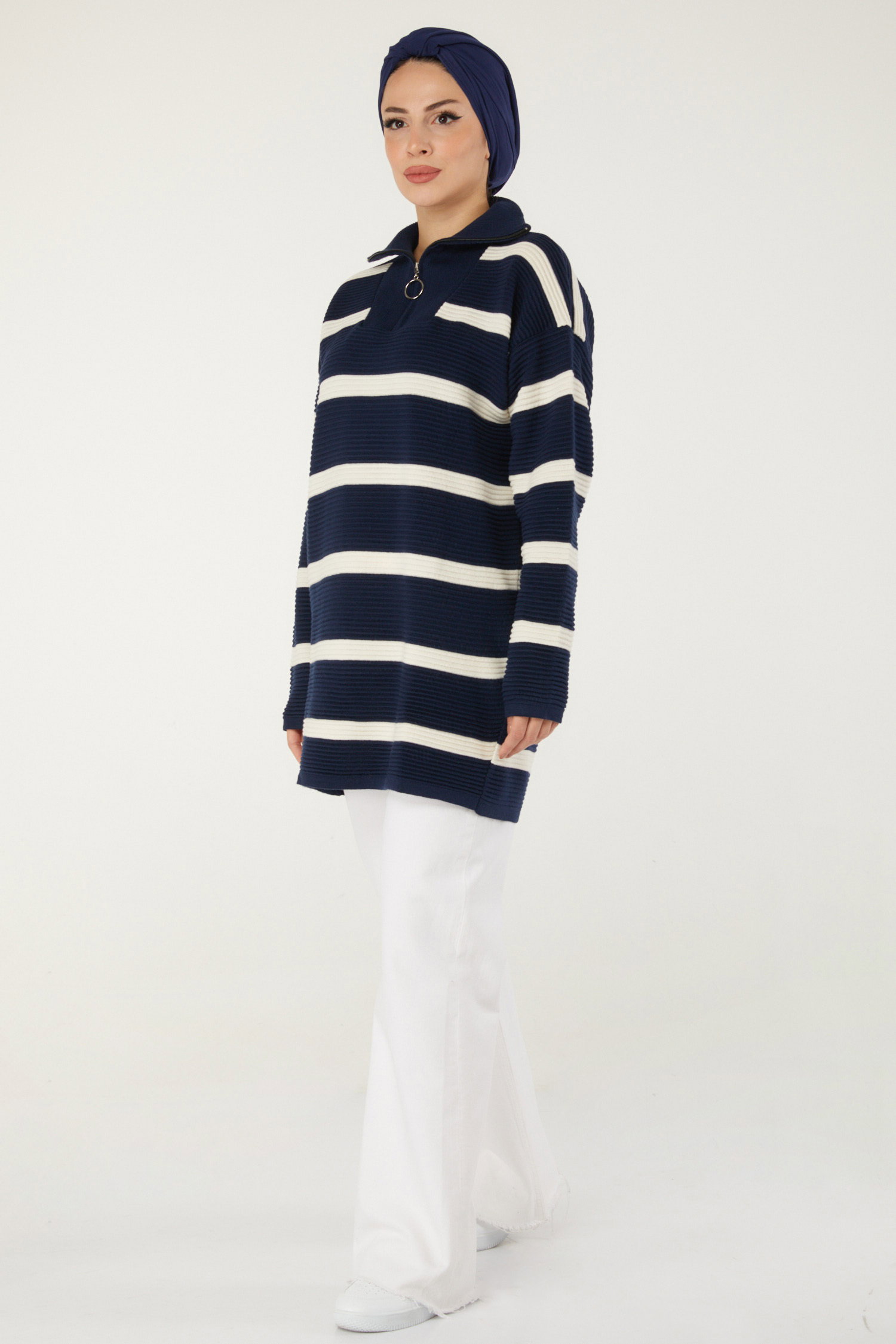 Fitili Fermuarlı Çizgili Kazak - 27642 - 4