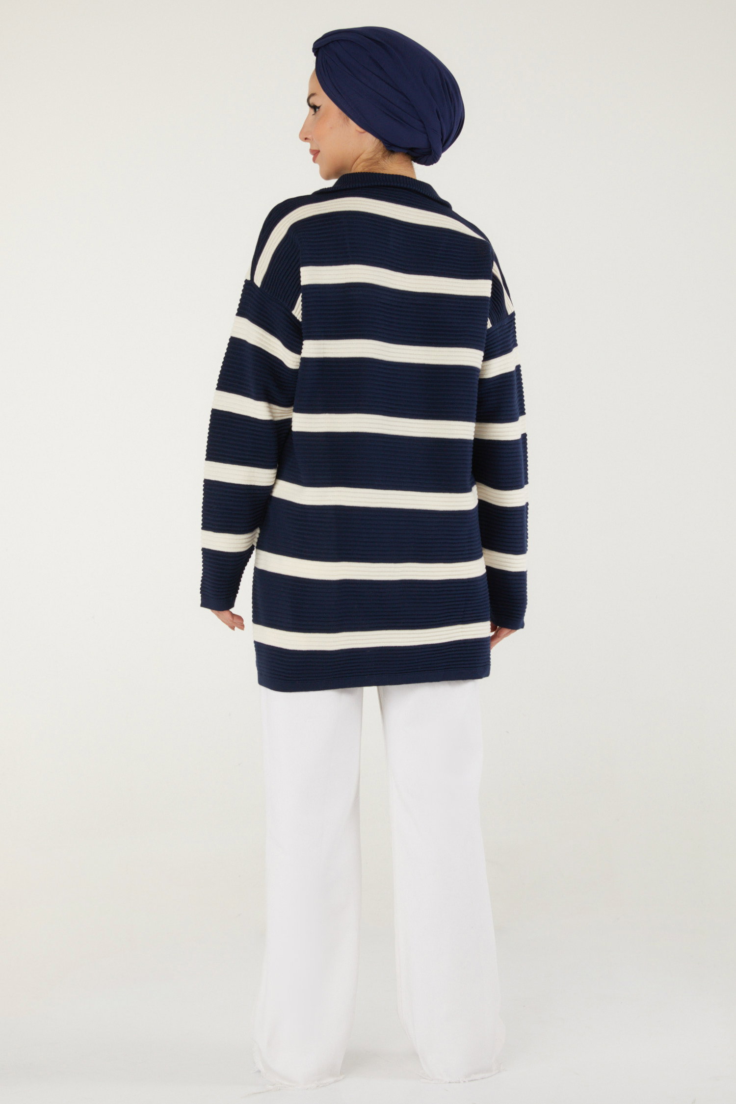 Fitili Fermuarlı Çizgili Kazak - 27642 - 5