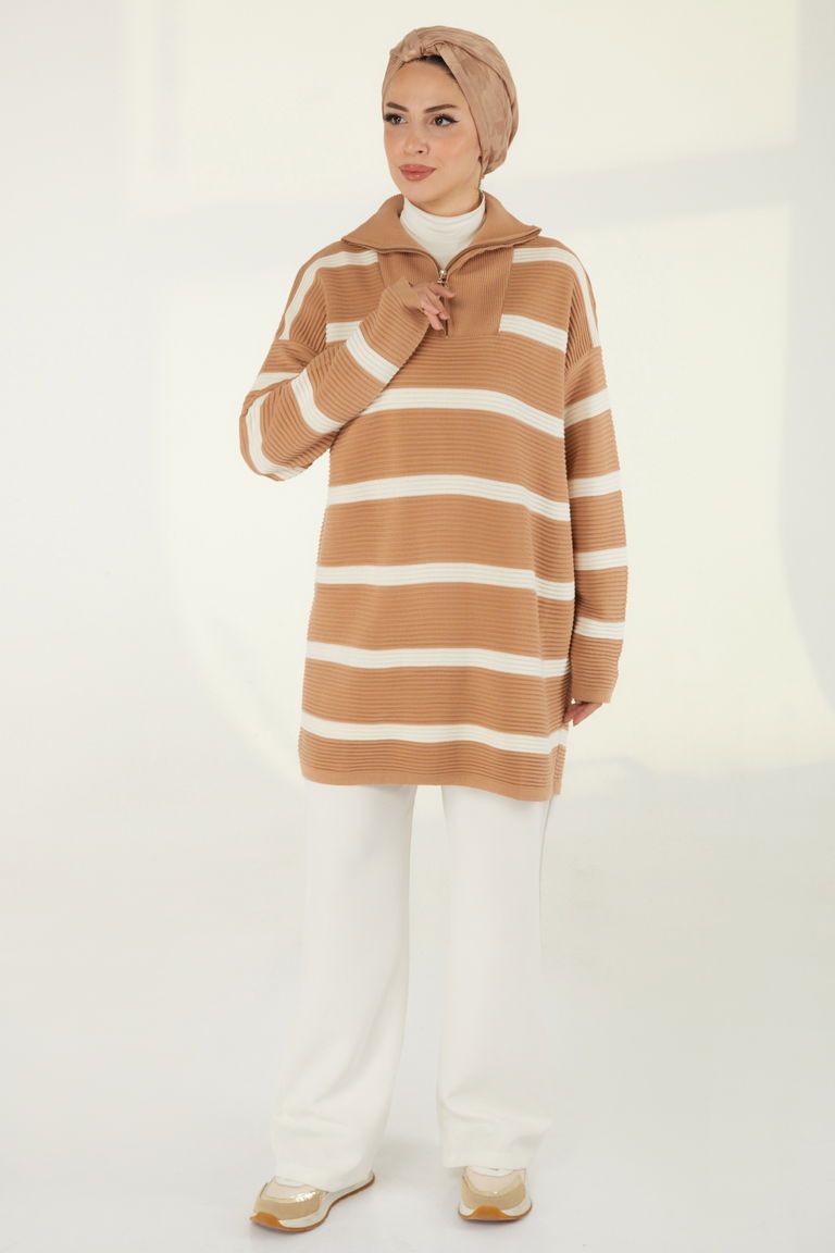 Fitili Fermuarlı Çizgili Kazak - 27642 - TOFİSA