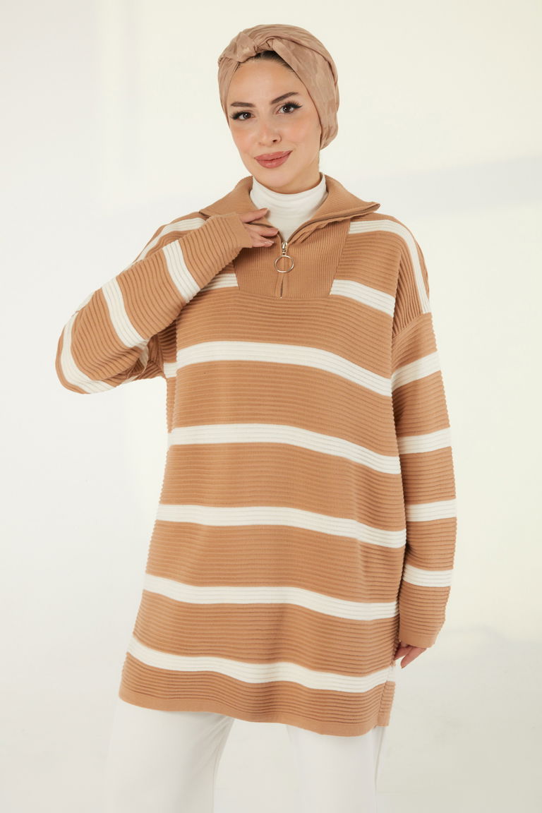 Fitili Fermuarlı Çizgili Kazak - 27642 - TOFİSA