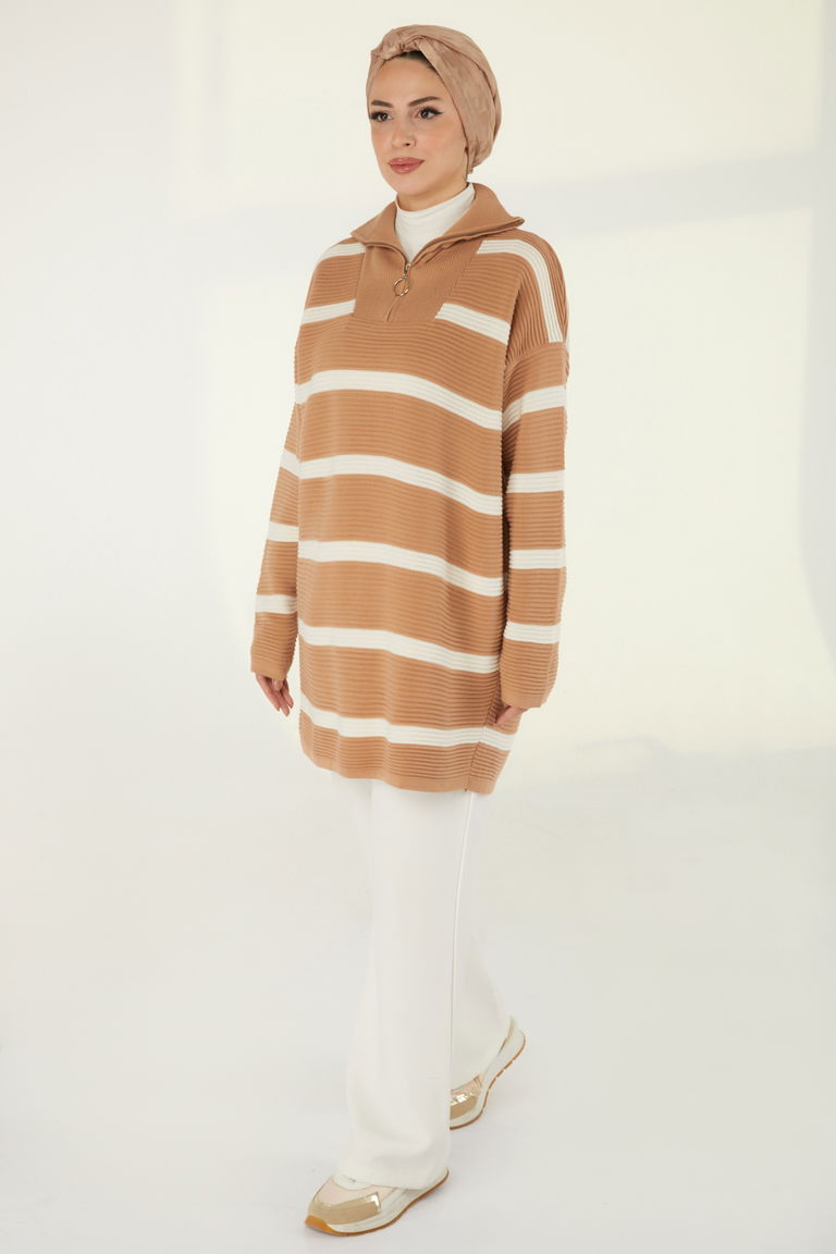 Fitili Fermuarlı Çizgili Kazak - 27642 - TOFİSA