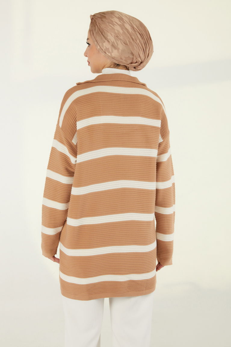 Fitili Fermuarlı Çizgili Kazak - 27642 - TOFİSA