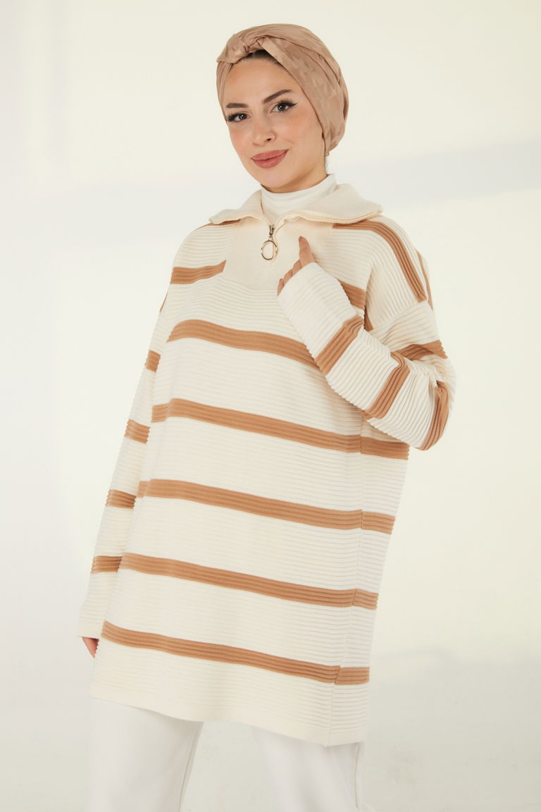 Fitili Fermuarlı Çizgili Kazak - 27642 - TOFİSA