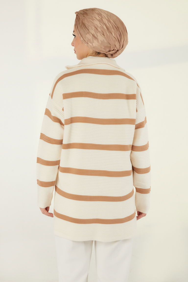 Fitili Fermuarlı Çizgili Kazak - 27642 - TOFİSA