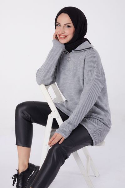 Fitili Fermuarlı Triko Kazak - 27632 