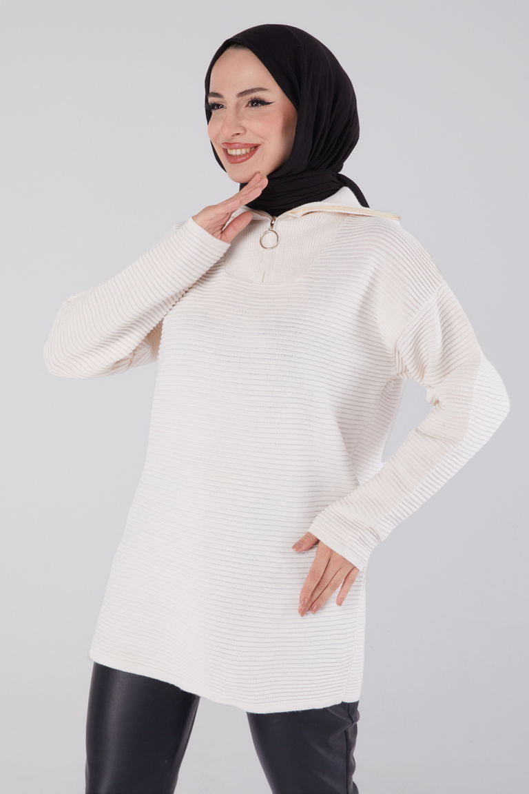 Fitili Fermuarlı Triko Kazak - 27632 - TOFİSA