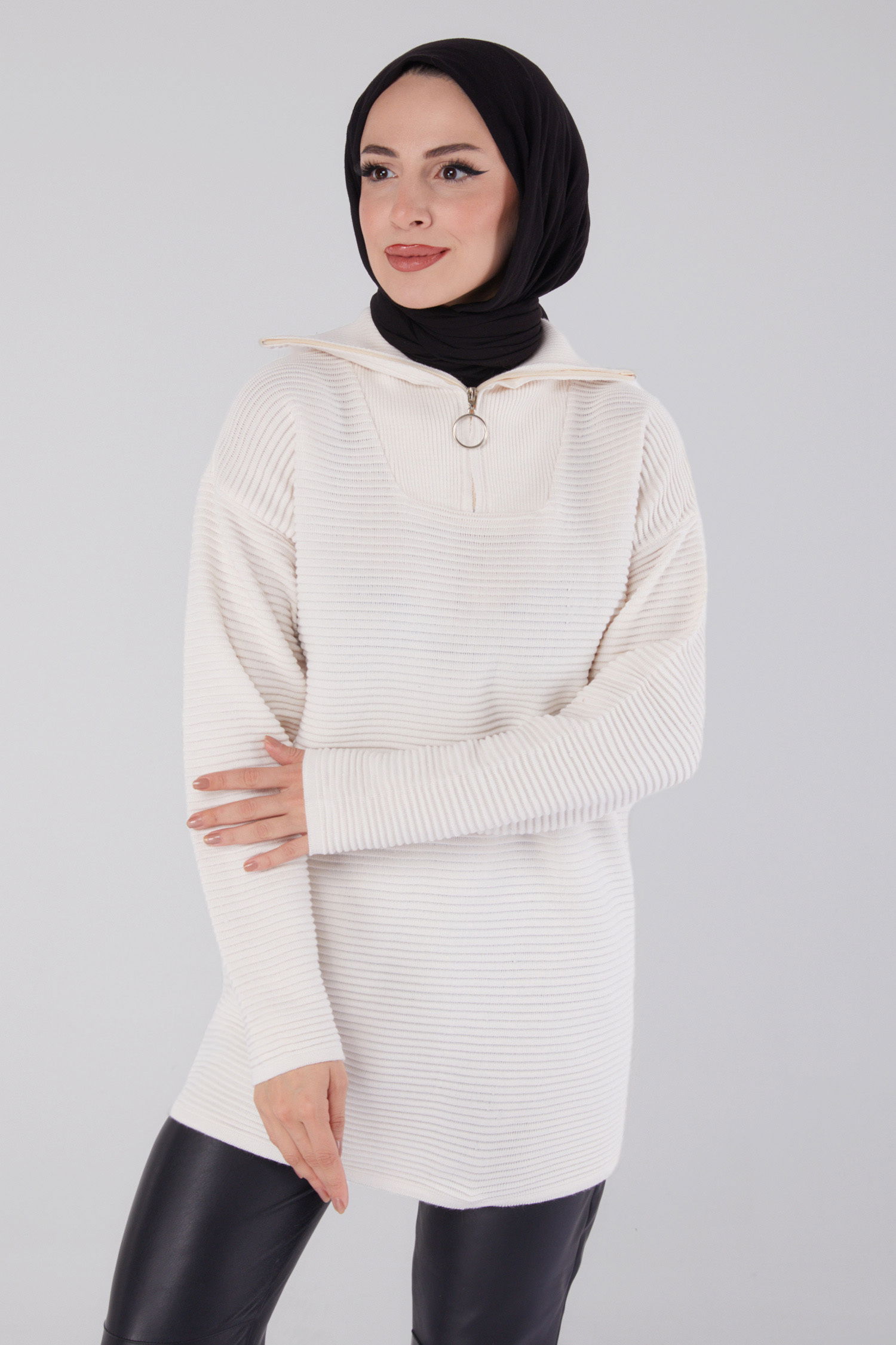 Fitili Fermuarlı Triko Kazak - 27632 - 2