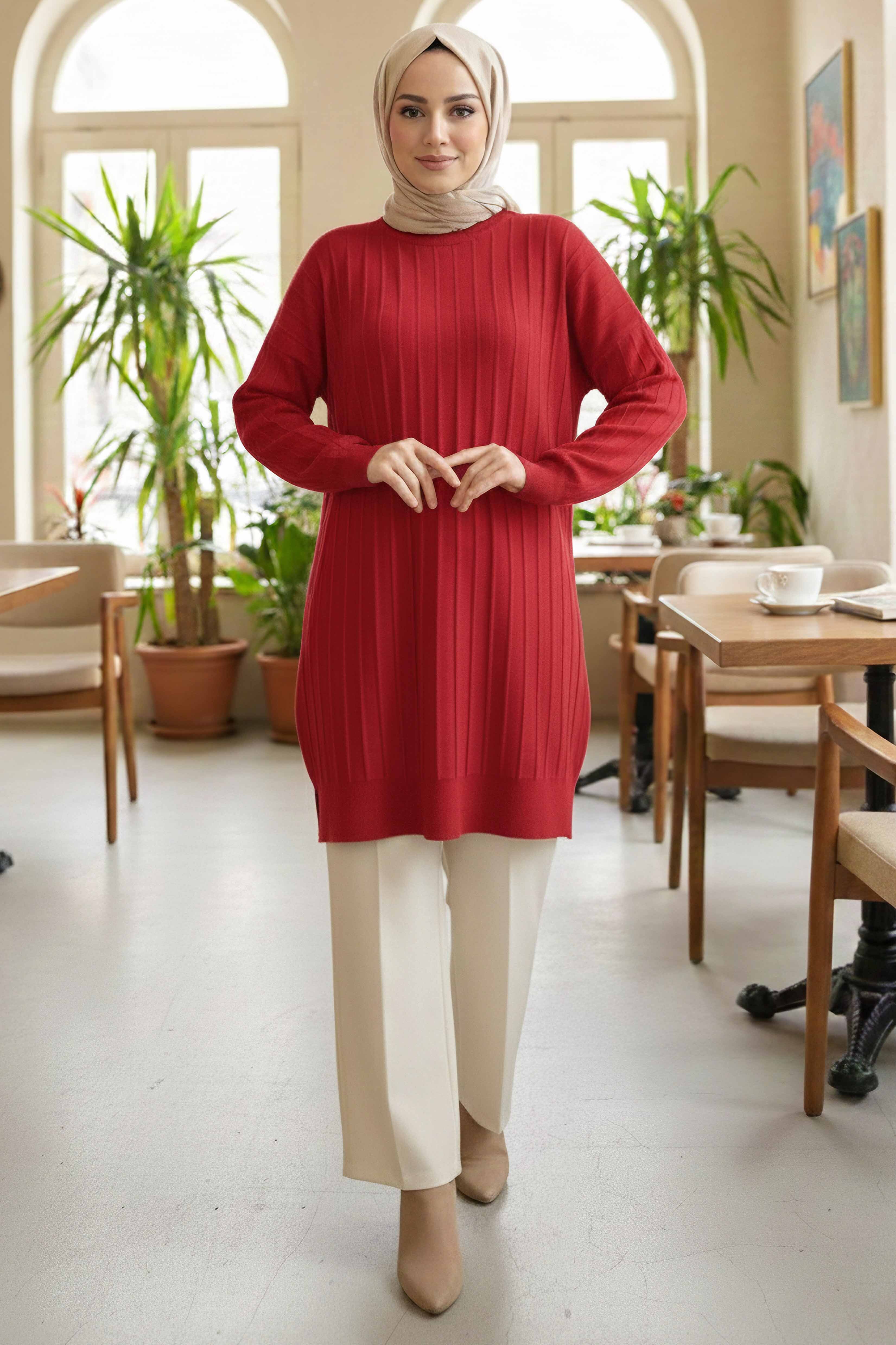 Fitilli Triko Tunik - 28080-KIRMIZI - 2