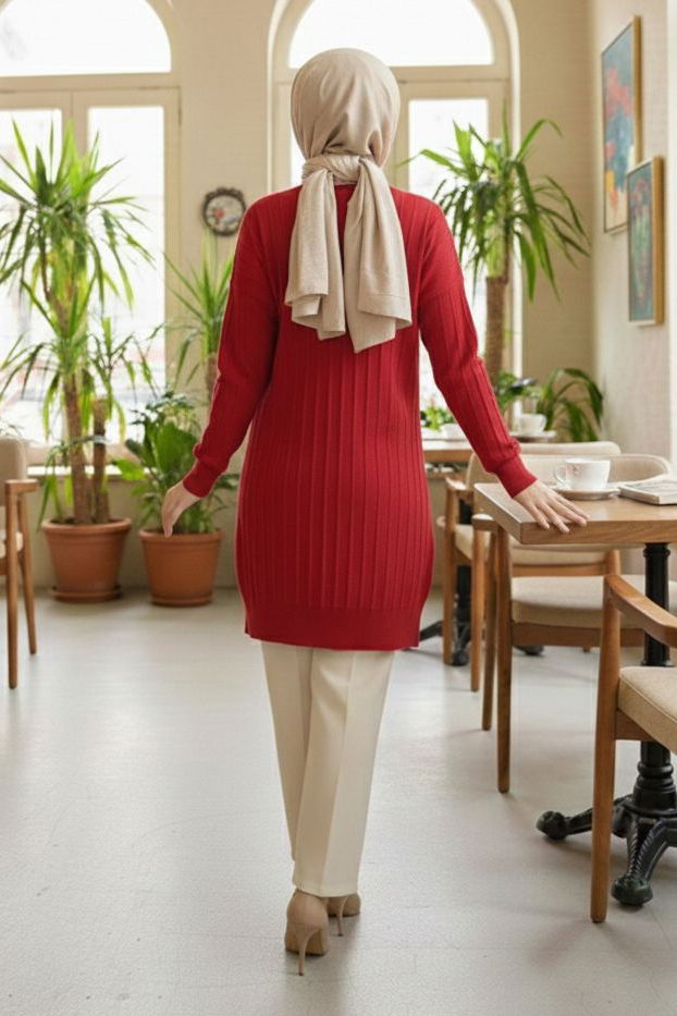 Fitilli Triko Tunik - 28080-KIRMIZI - 3