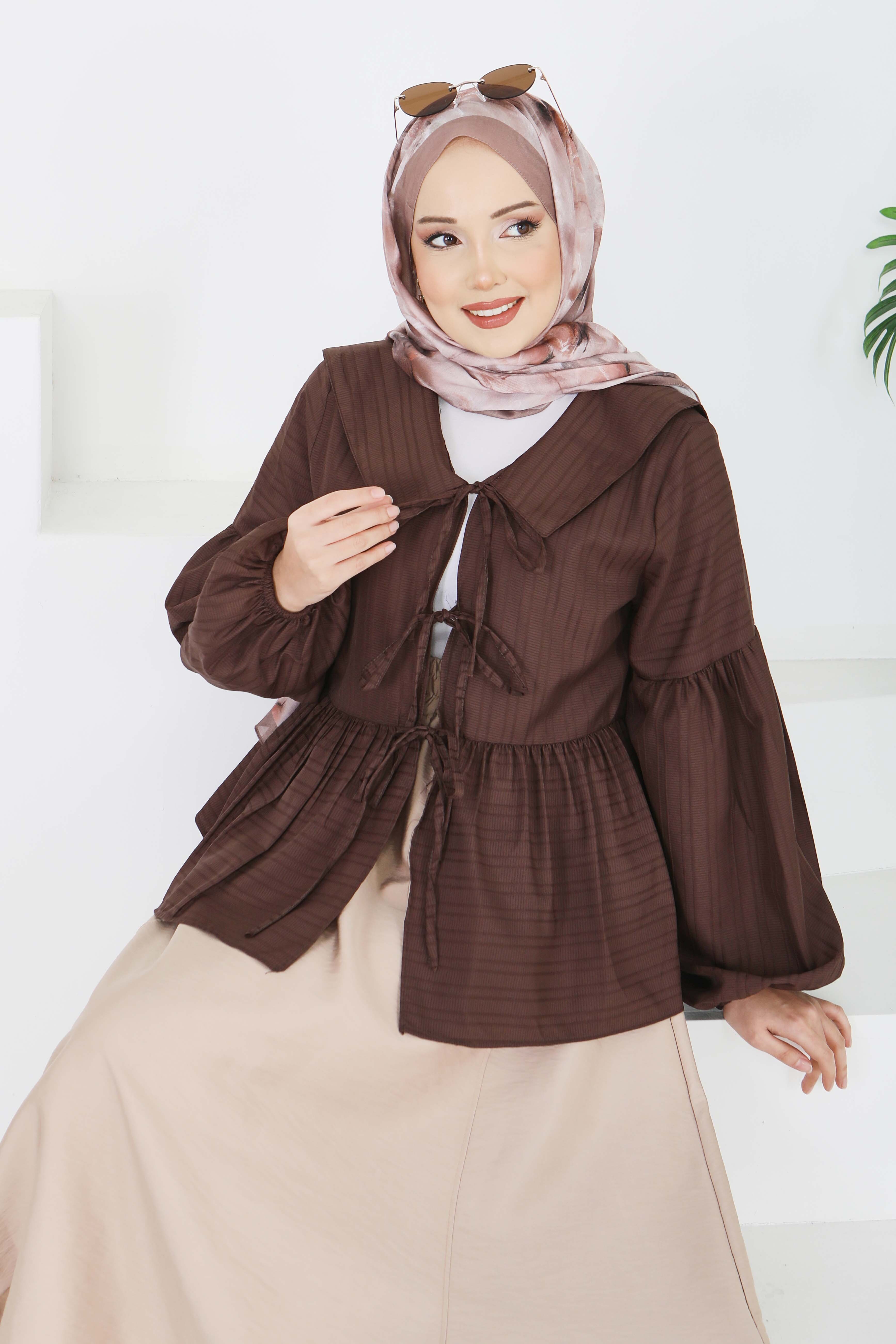 Fitilli Bağcıklı Ceket - 28207-KAHVE - 1